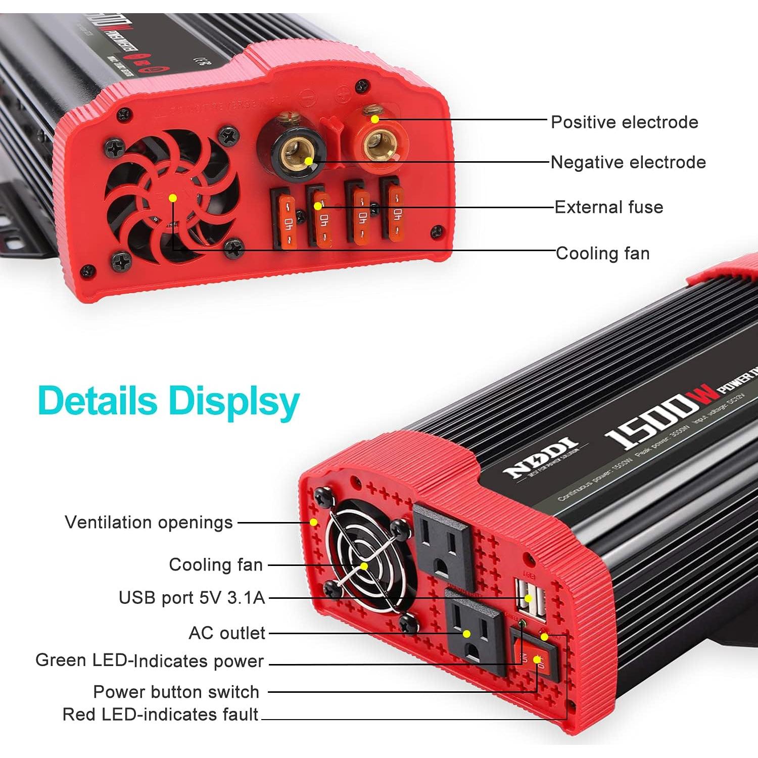 Inversor de Potencia NDDI 1500W 12V DC a 220V AC con USB