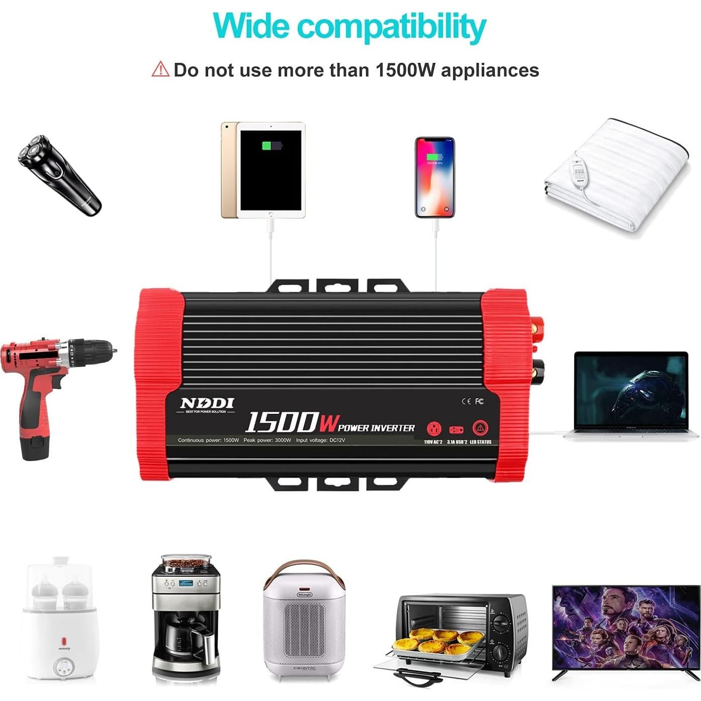 Inversor de Potencia NDDI 1500W 12V DC a 220V AC con USB