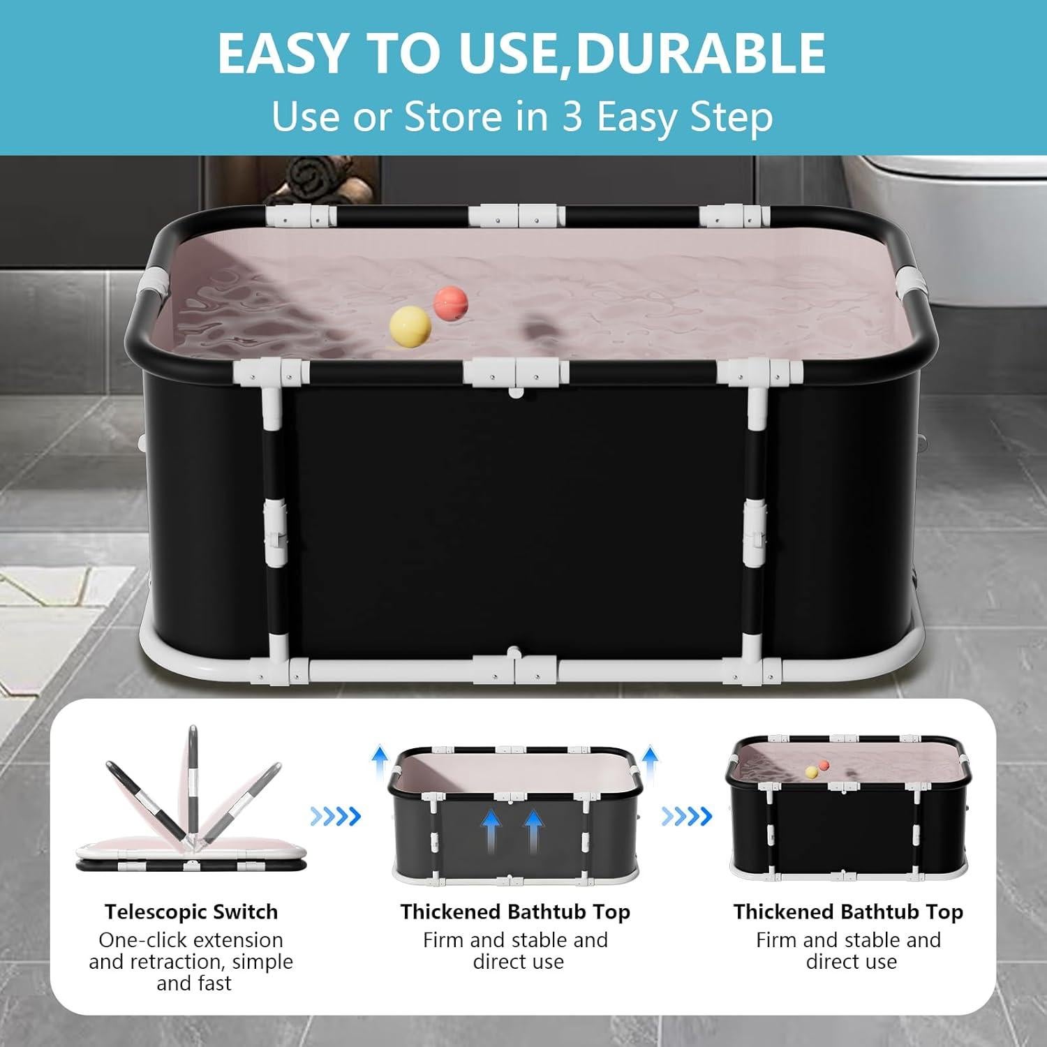 Bañera Plegable Simcat 1.2m Negra con Cojín y Drenaje