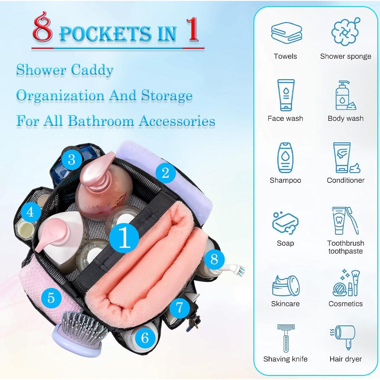 Caddy de Ducha DOLRRCM Negro 8 Bolsillos Secado Rápido