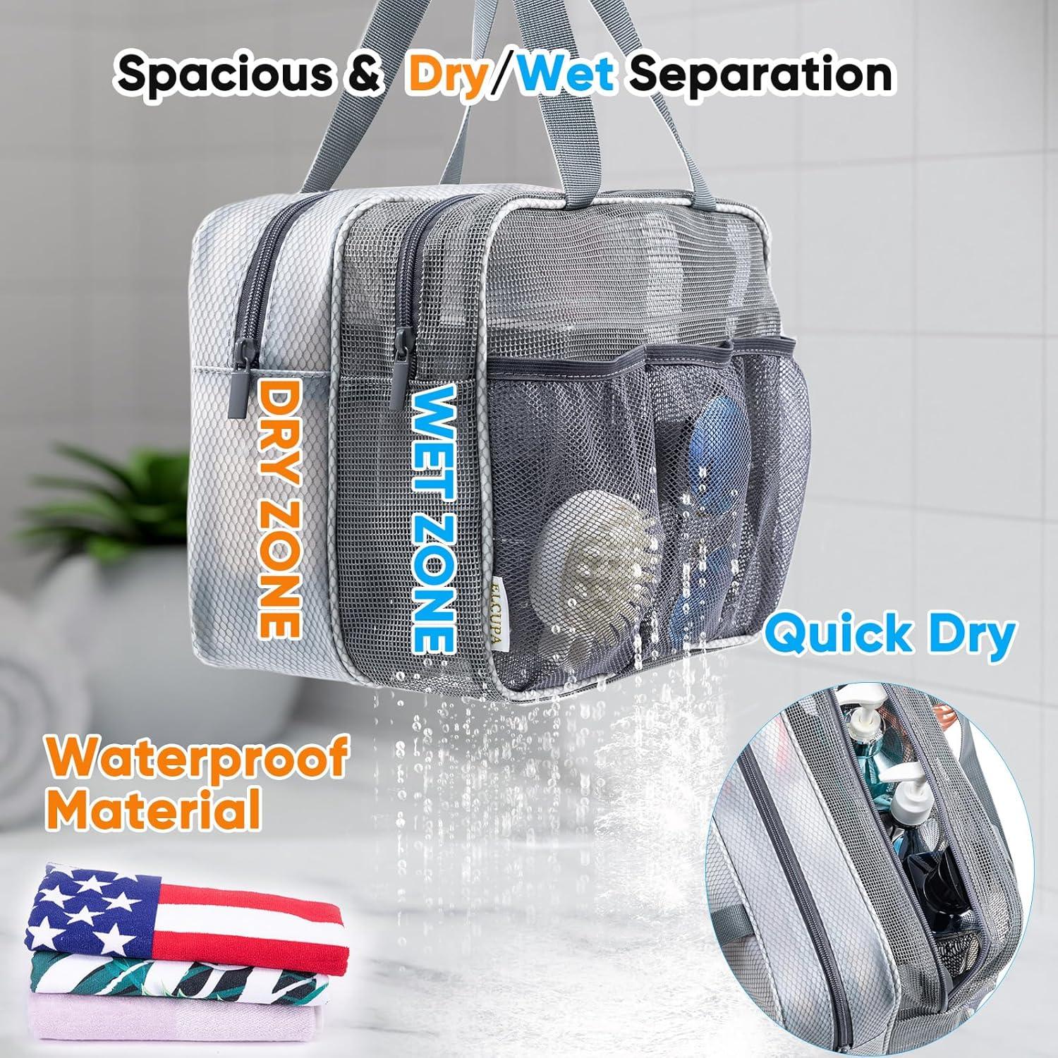 Caddy de Ducha Portátil ELCUPA Grande con Zonas Secas y Húmedas