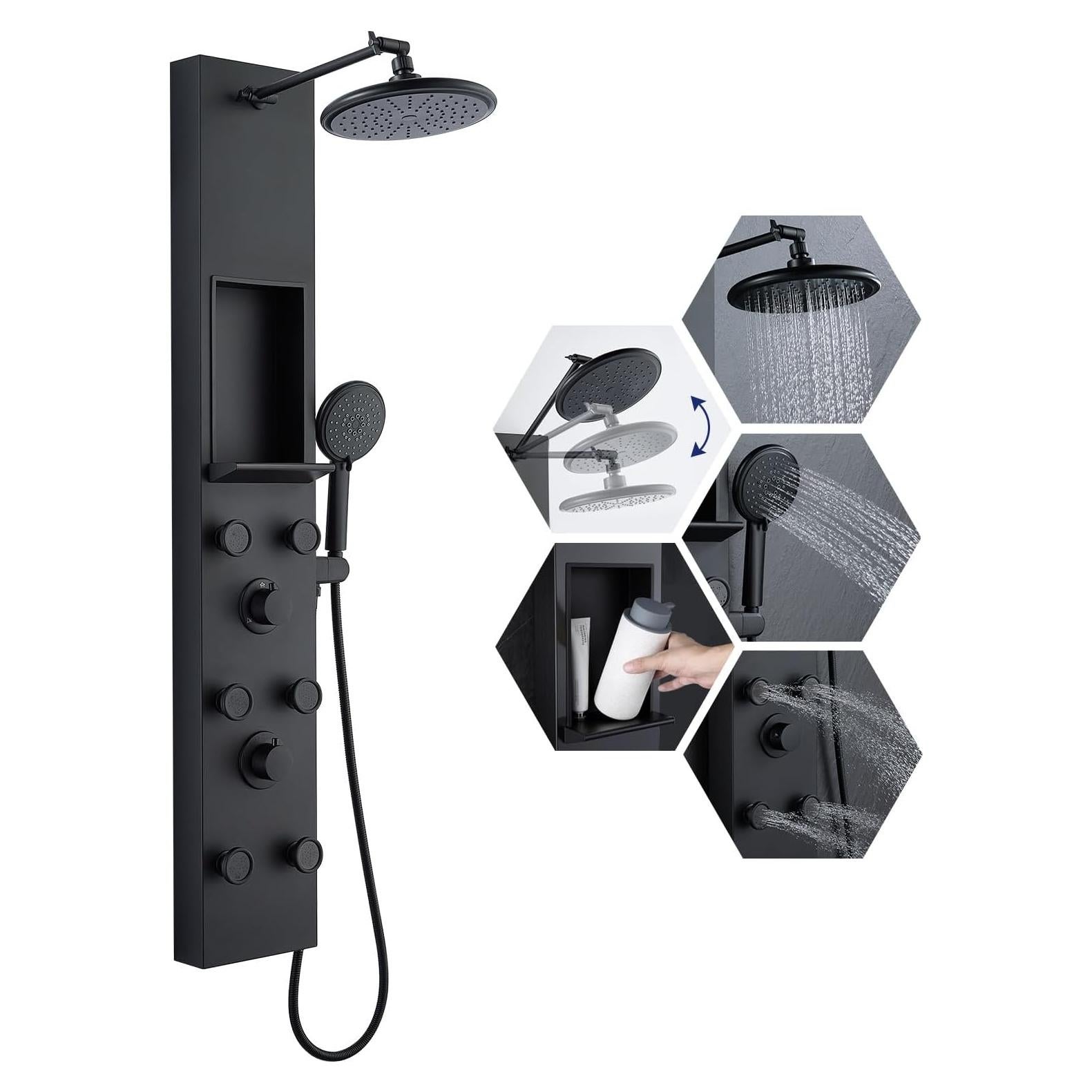 Panel de Ducha ROVATE Negro Mate con 6 Jets y Estante