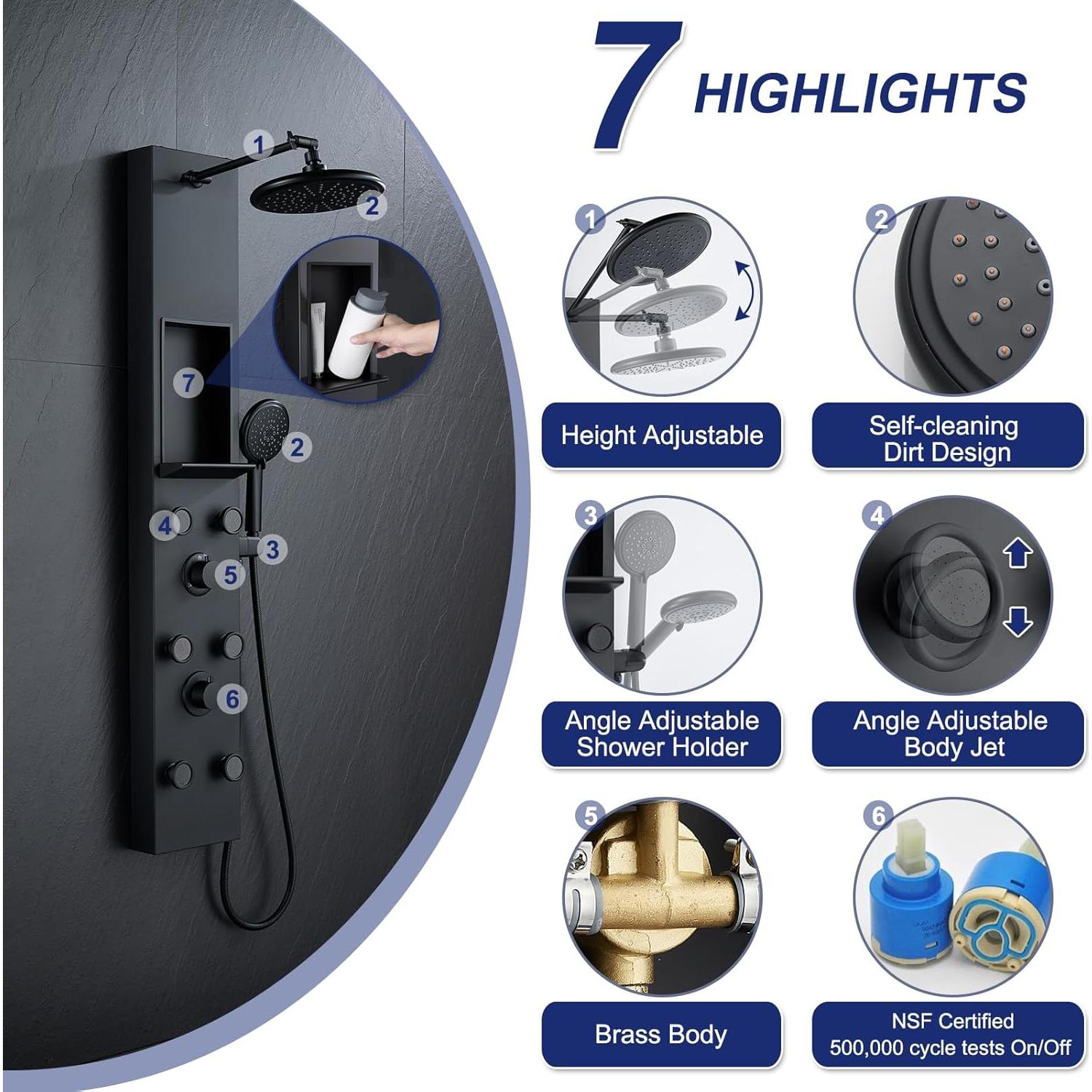 Panel de Ducha ROVATE Negro Mate con 6 Jets y Estante