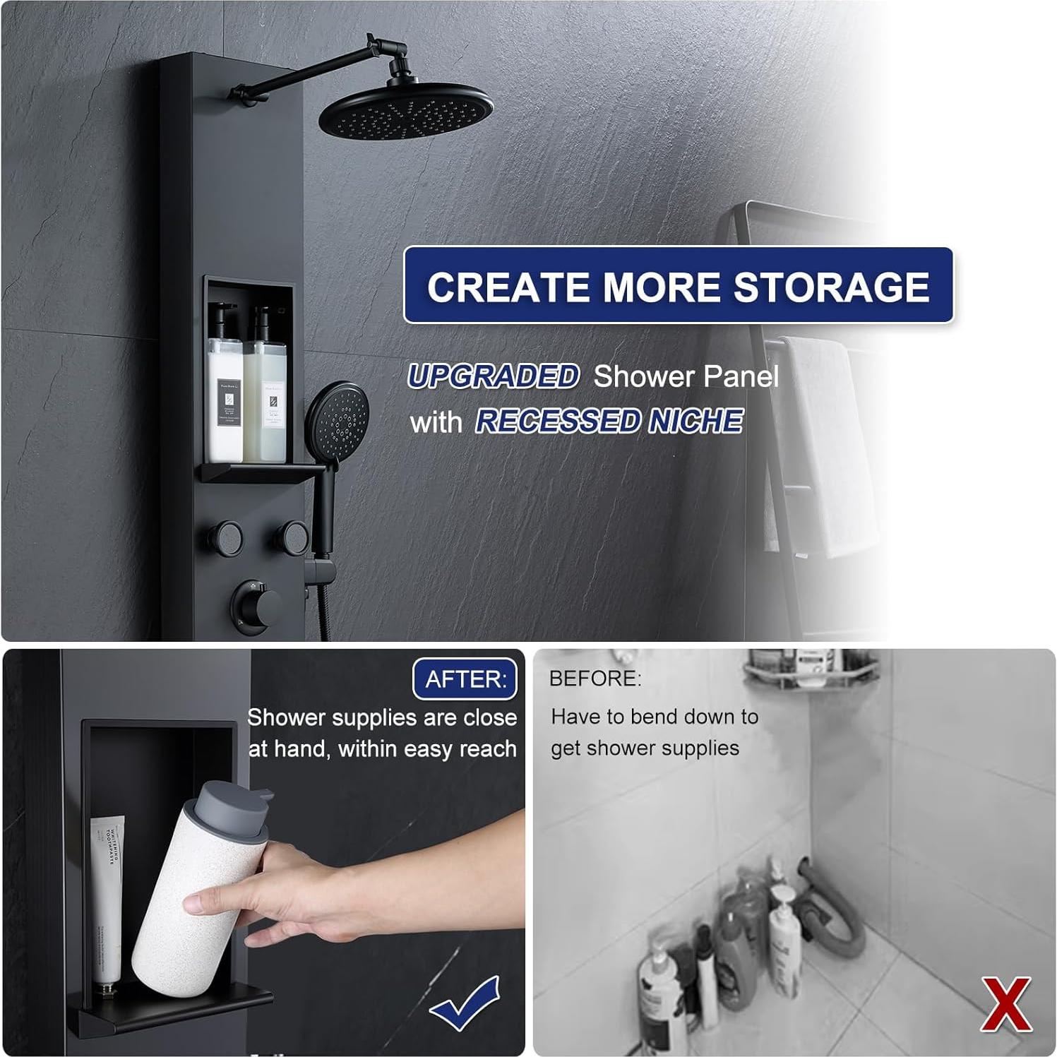 Panel de Ducha ROVATE Negro Mate con 6 Jets y Estante