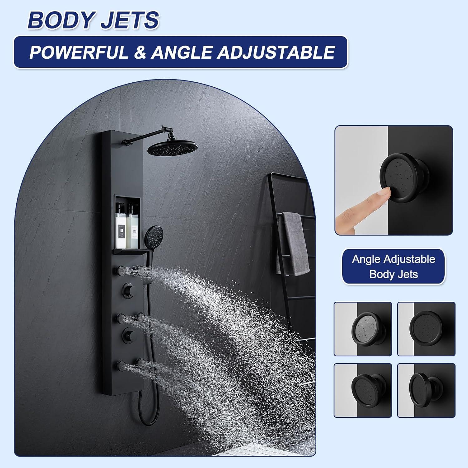 Panel de Ducha ROVATE Negro Mate con 6 Jets y Estante