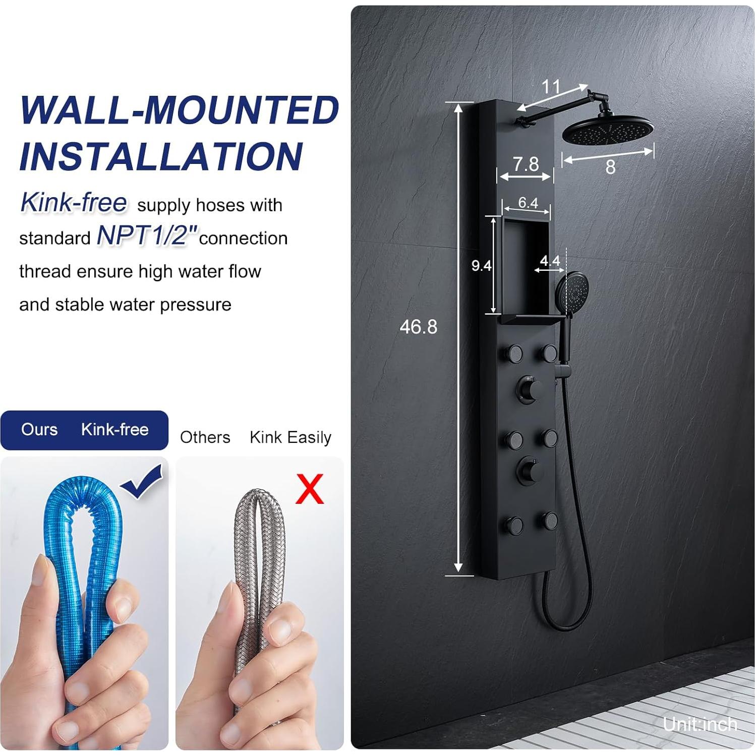 Panel de Ducha ROVATE Negro Mate con 6 Jets y Estante