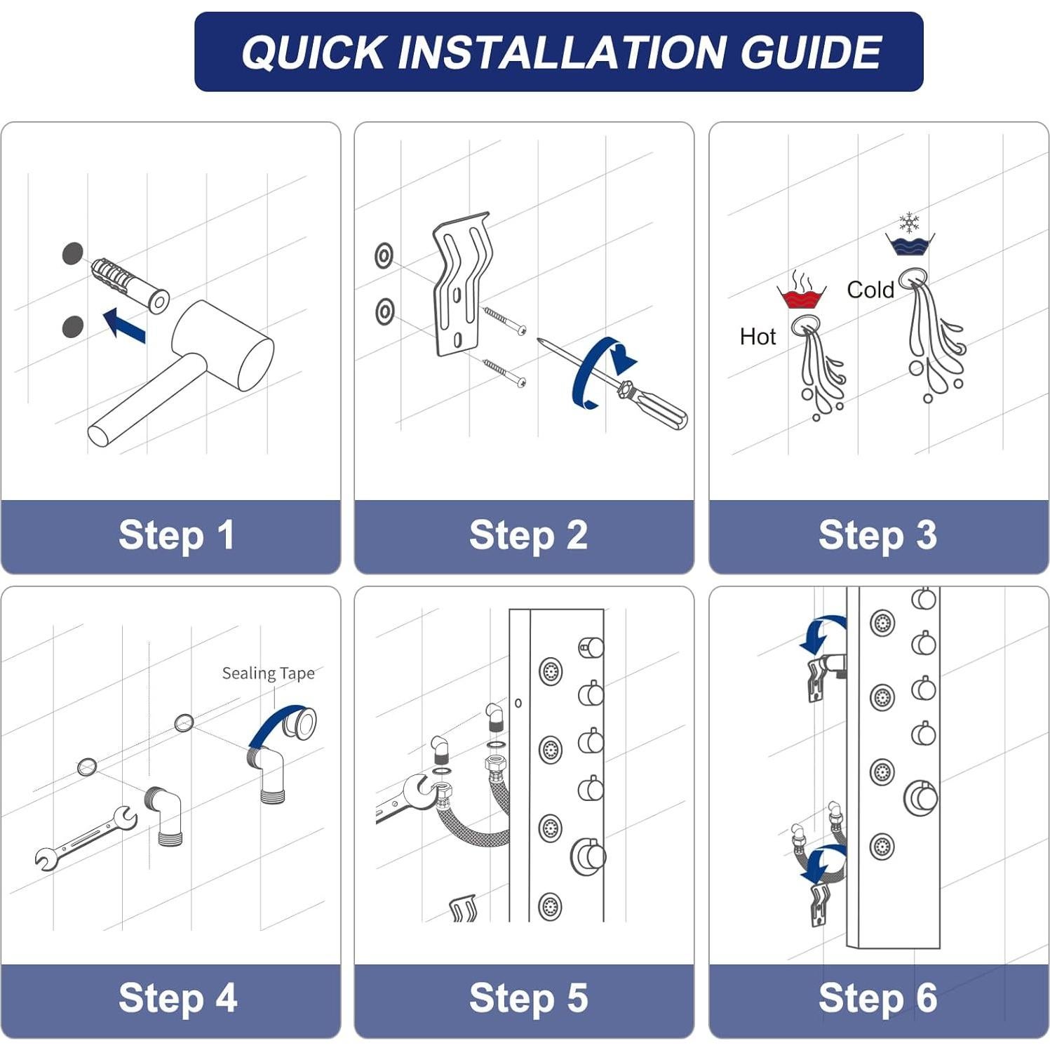 Panel de Ducha ROVATE Negro Mate con 6 Jets y Estante