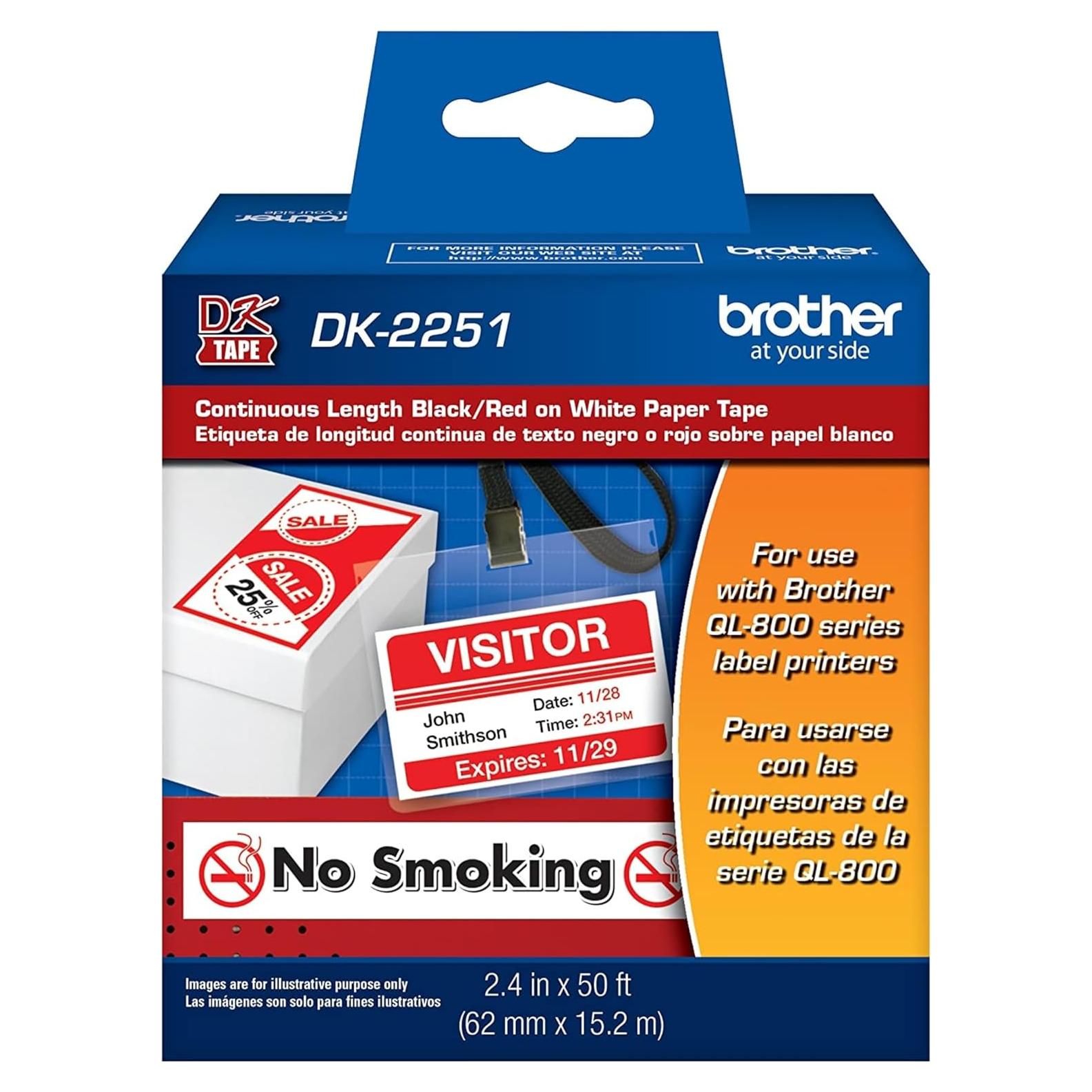 Etiquetas de Reemplazo Brother DK-2251, 6.1 cm x 15.24 m, Negro/Rojo