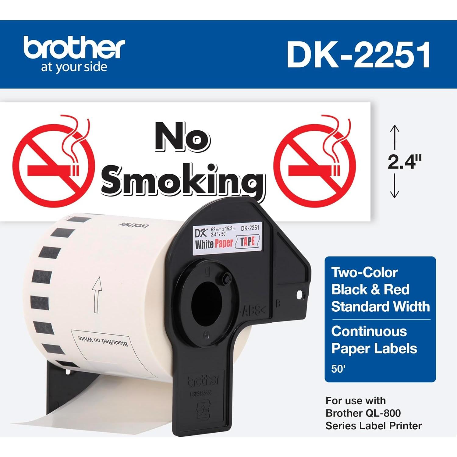 Etiquetas de Reemplazo Brother DK-2251, 6.1 cm x 15.24 m, Negro/Rojo