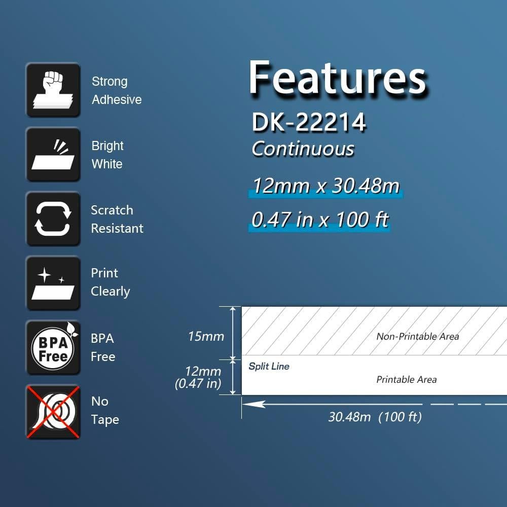 Etiquetas Continuas BETCKEY DK-2214 12mm x 30.48m - 10 Rollos
