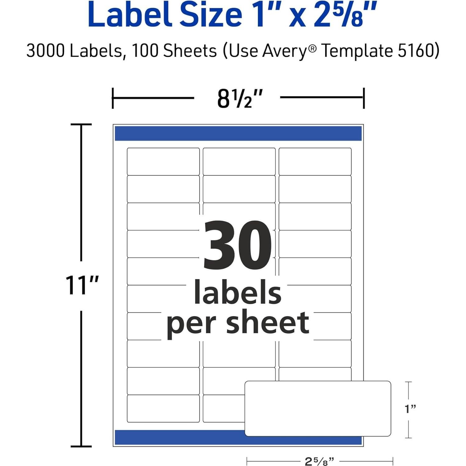 Etiquetas de Dirección Imprimibles Avery 5160, 3,000 Blancas