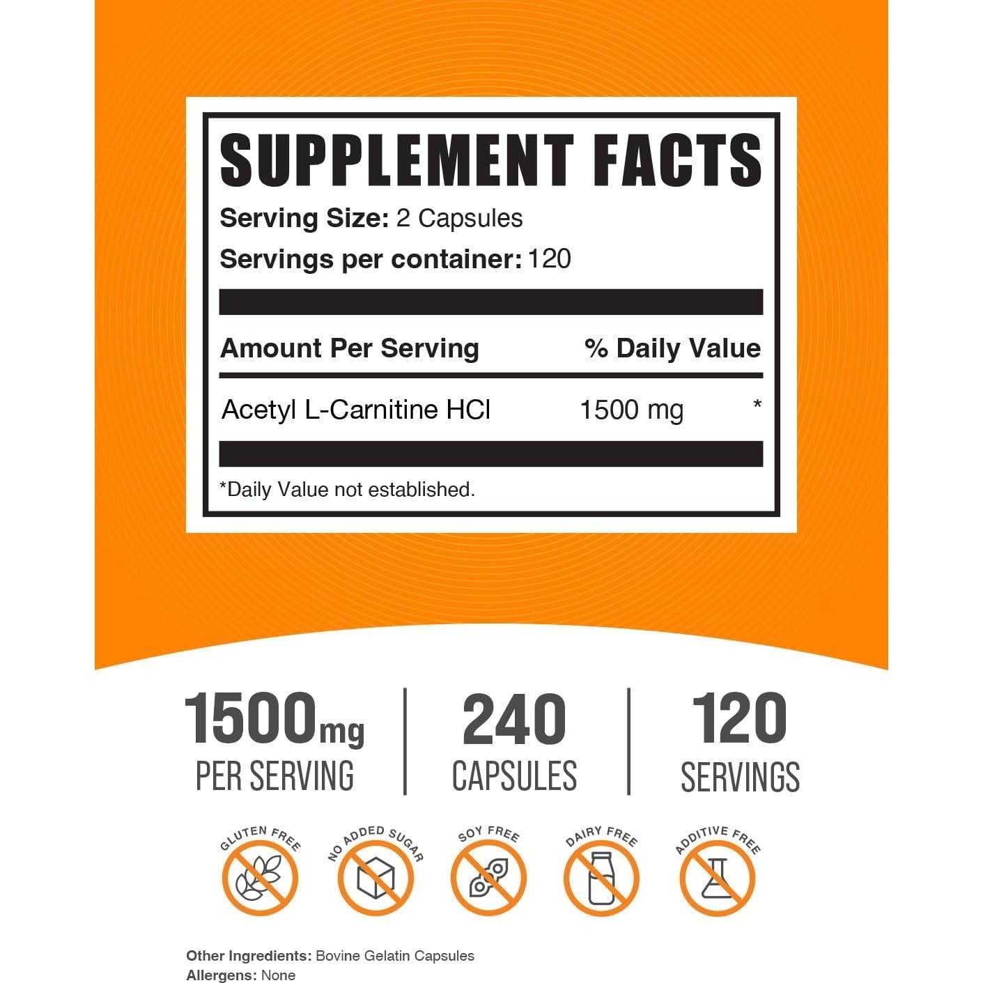 Cápsulas de Acetil L-Carnitina 1500mg BulkSupplements 240 Unidades