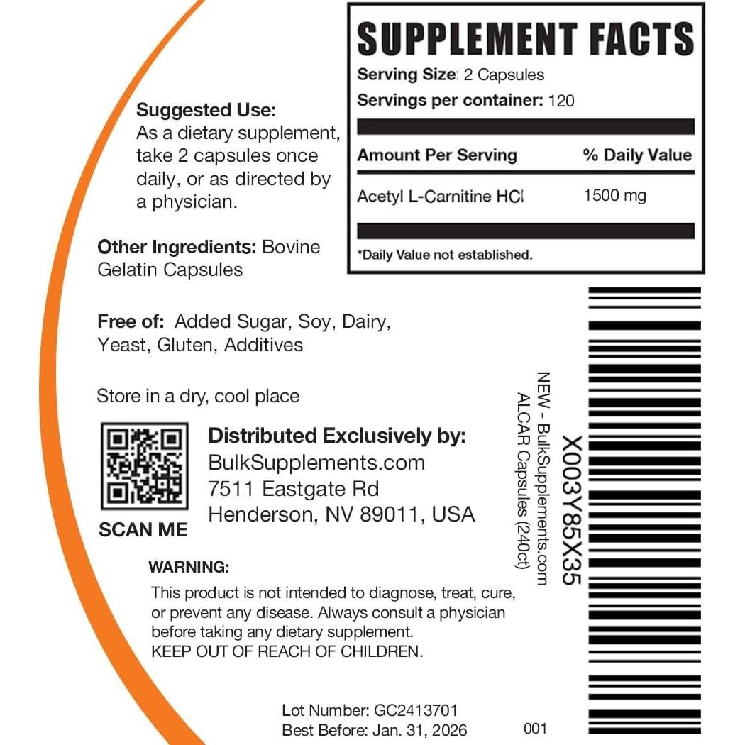 Cápsulas de Acetil L-Carnitina 1500mg BulkSupplements 240 Unidades