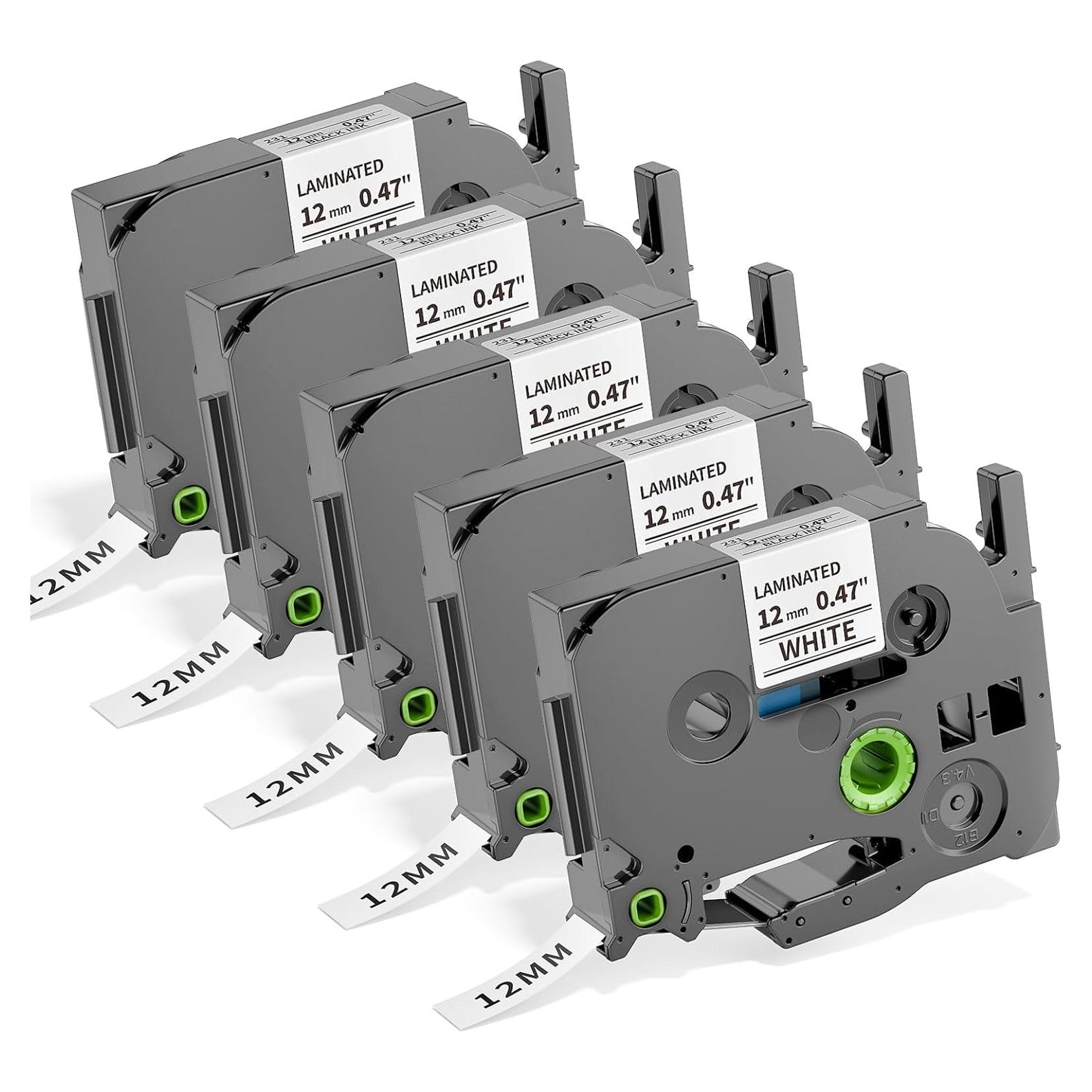 Cinta de Etiqueta Macipa TZe-231 12mm Negro sobre Blanco - 5 Unidades