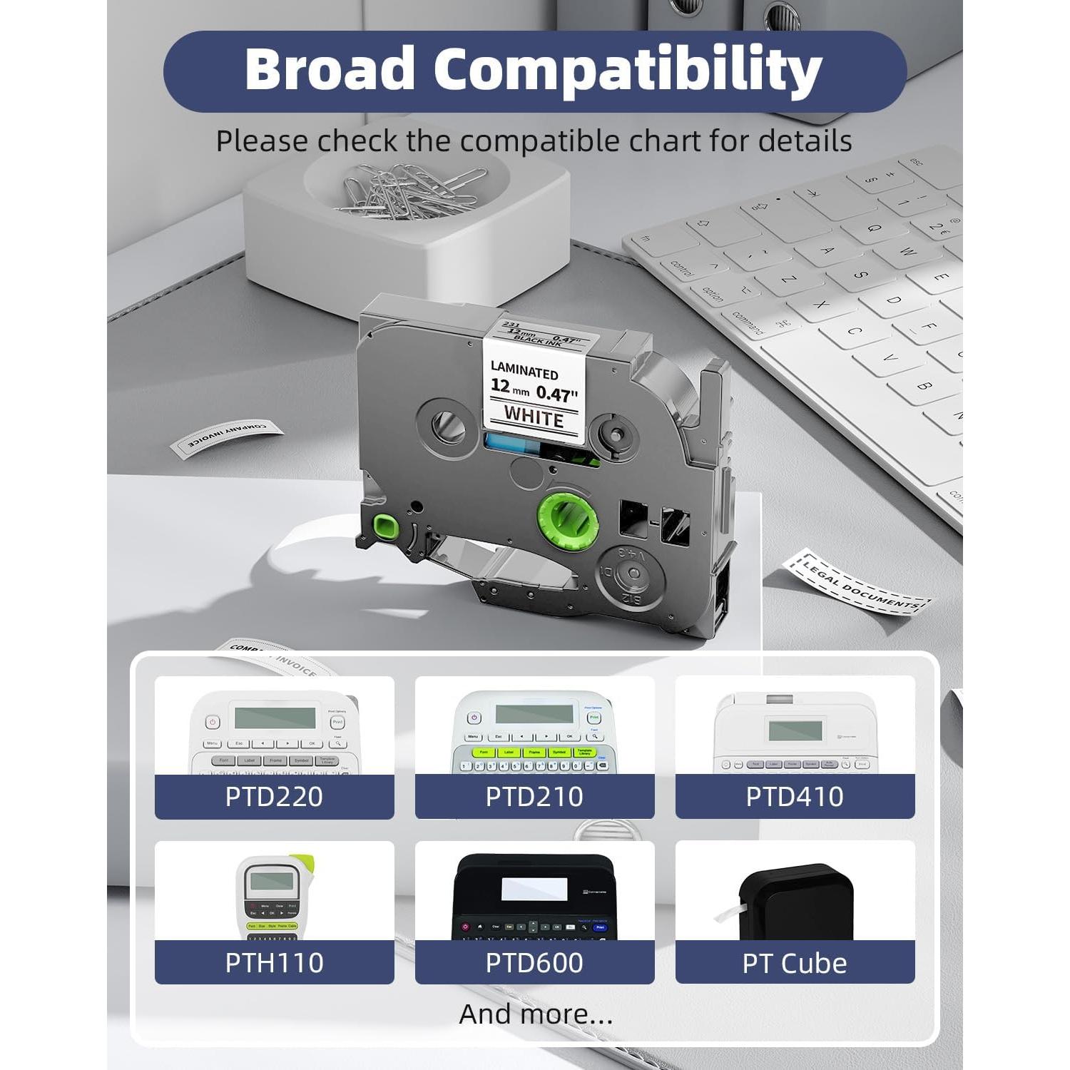 Cinta de Etiqueta Macipa TZe-231 12mm Negro sobre Blanco - 5 Unidades