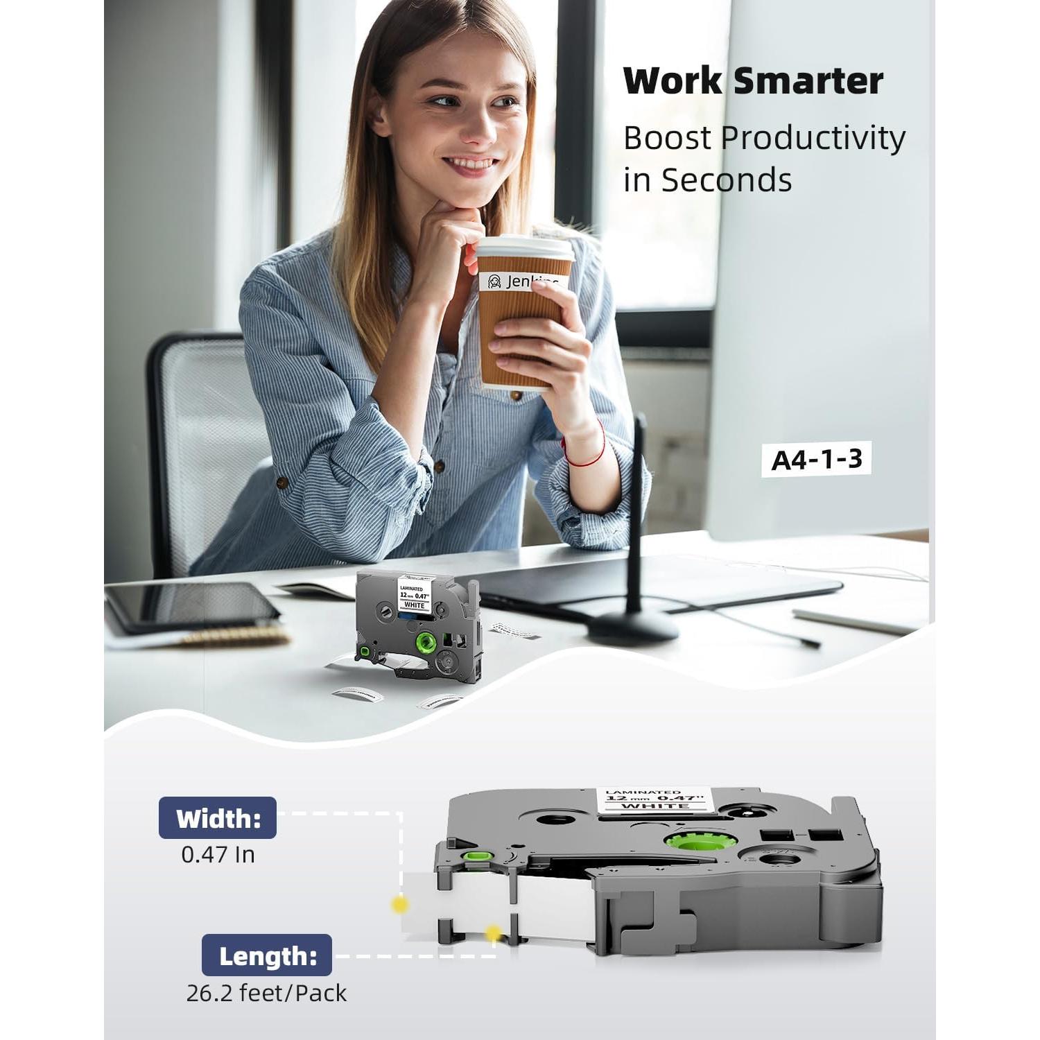 Cinta de Etiqueta Macipa TZe-231 12mm Negro sobre Blanco - 5 Unidades