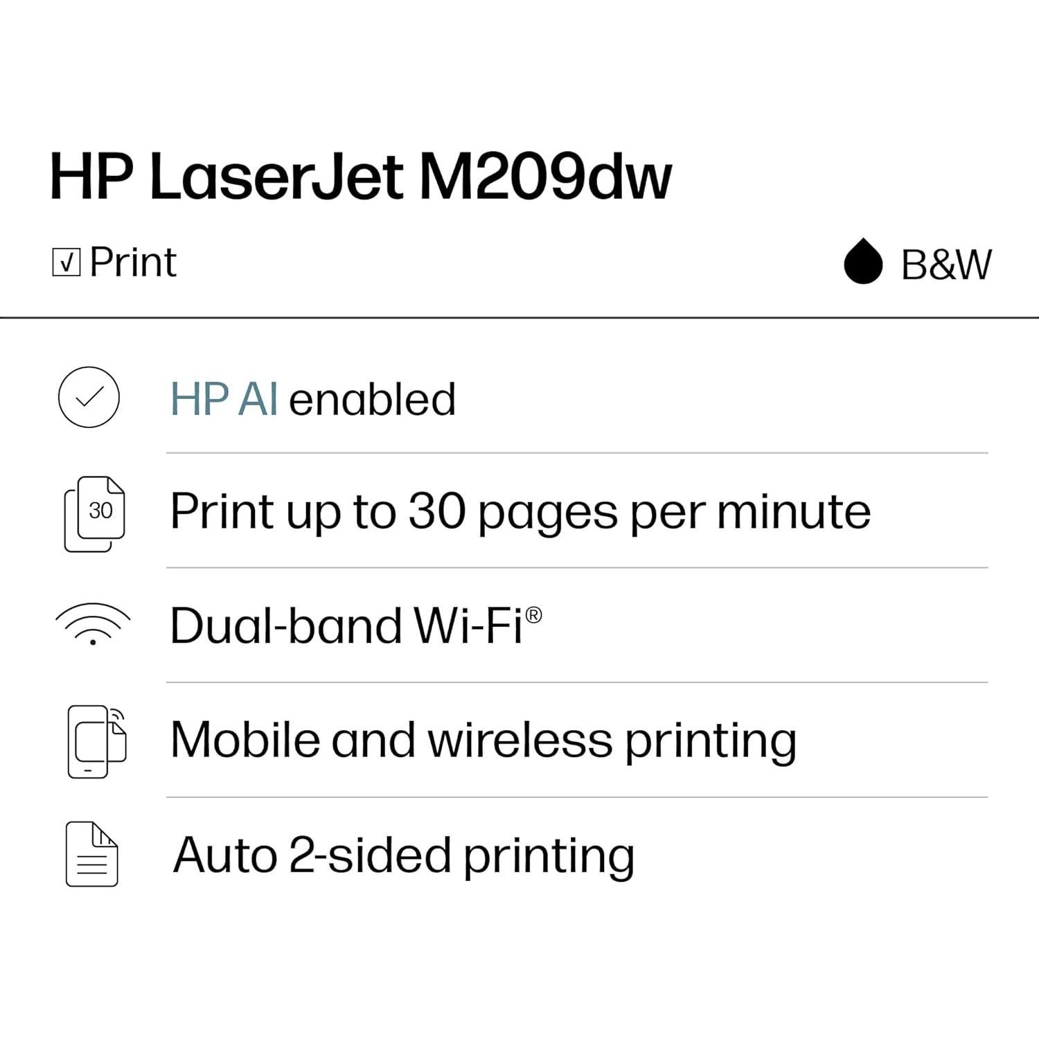 Impresora Inalámbrica HP LaserJet M209dw - Doble Cara, 30 ppm