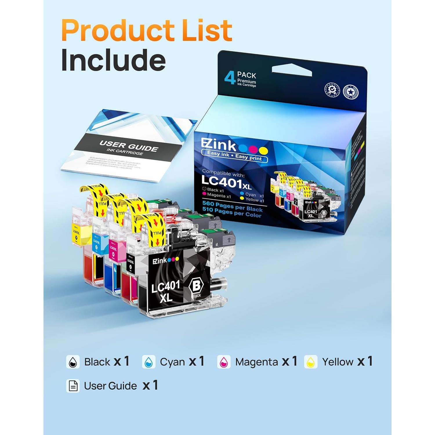 Cartuchos de tinta E-Z Ink LC401XL para impresora Brother - 4 Paquete