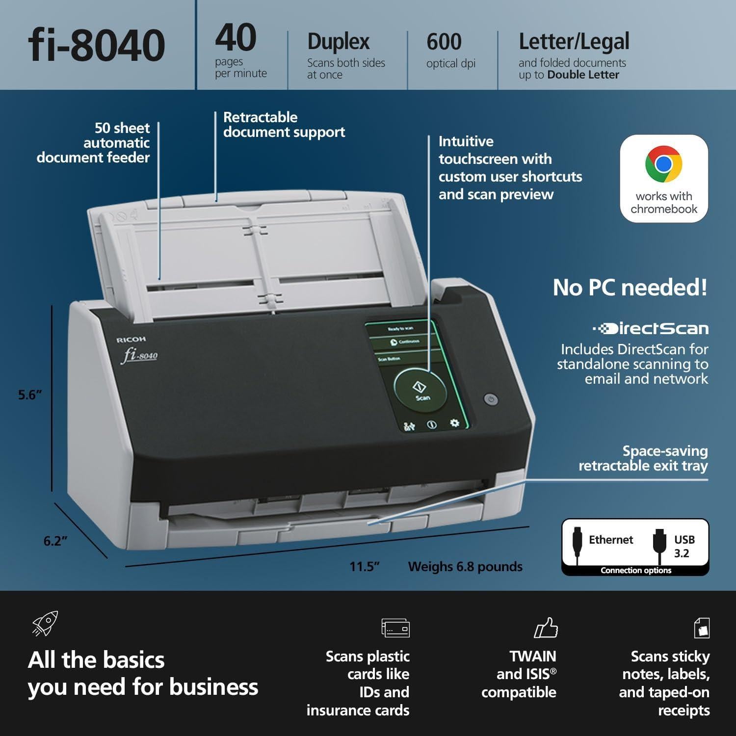 Escáner de Documentos RICOH fi-8040 con Alimentador 50 Páginas