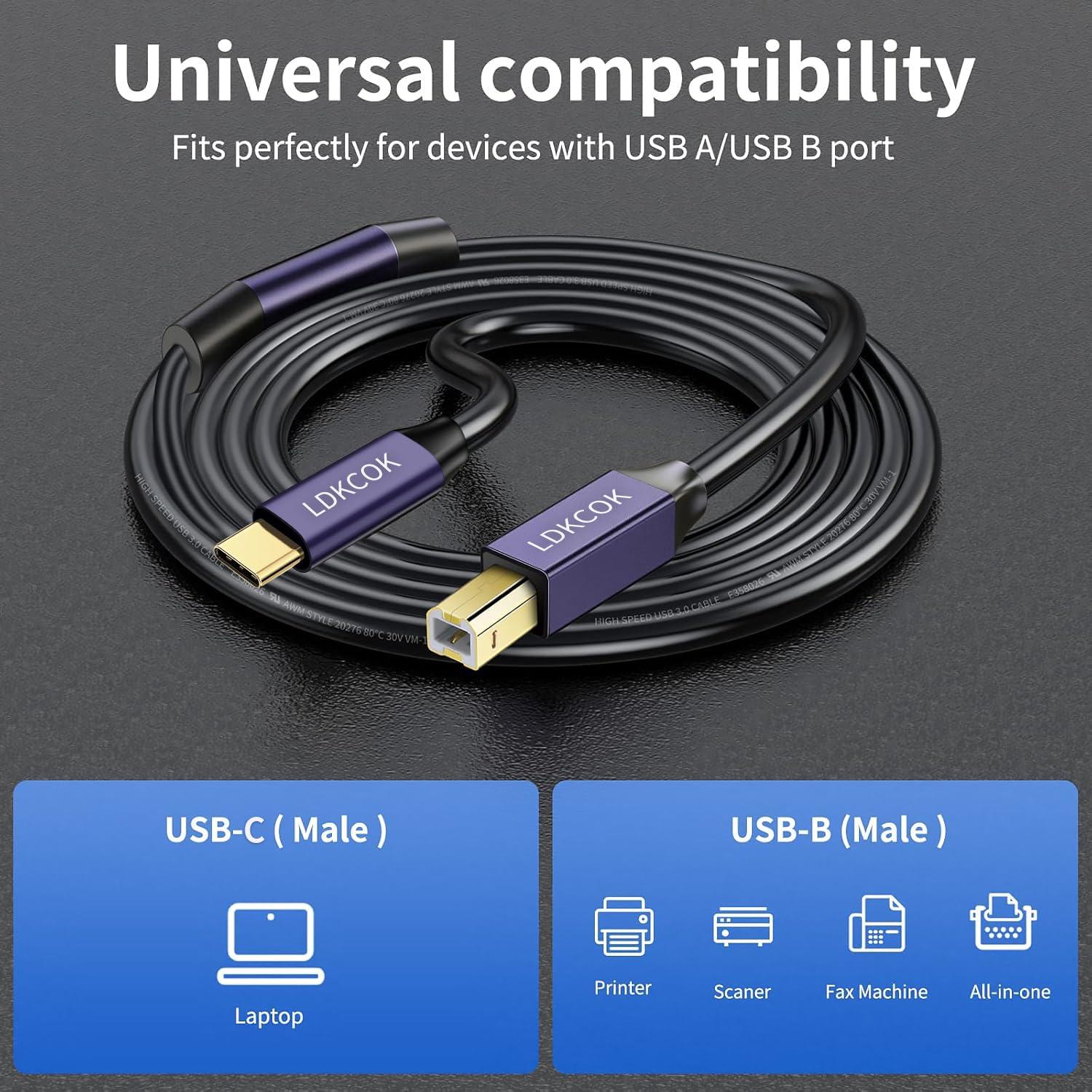 Cable de impresora USB B a USB C LDKCOK 9.14m Negro