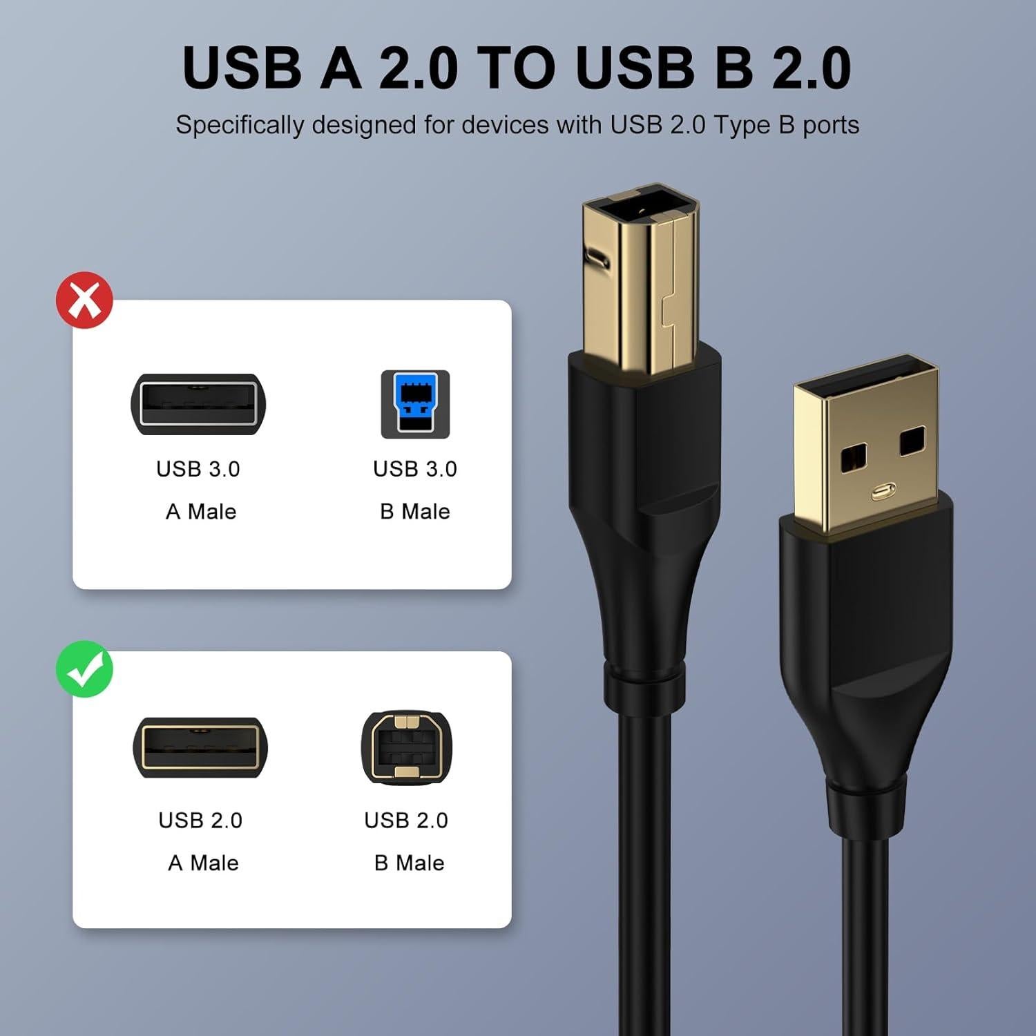 USB Printer Cable 10 Feet USB A to B Printer Cable 2.0 USB B Cable High Speed Scanner Printer Cord for HP, Canon, Brother,Dell, Lexmark, Samsung,Xerox, Piano, MIDI Controller Computer