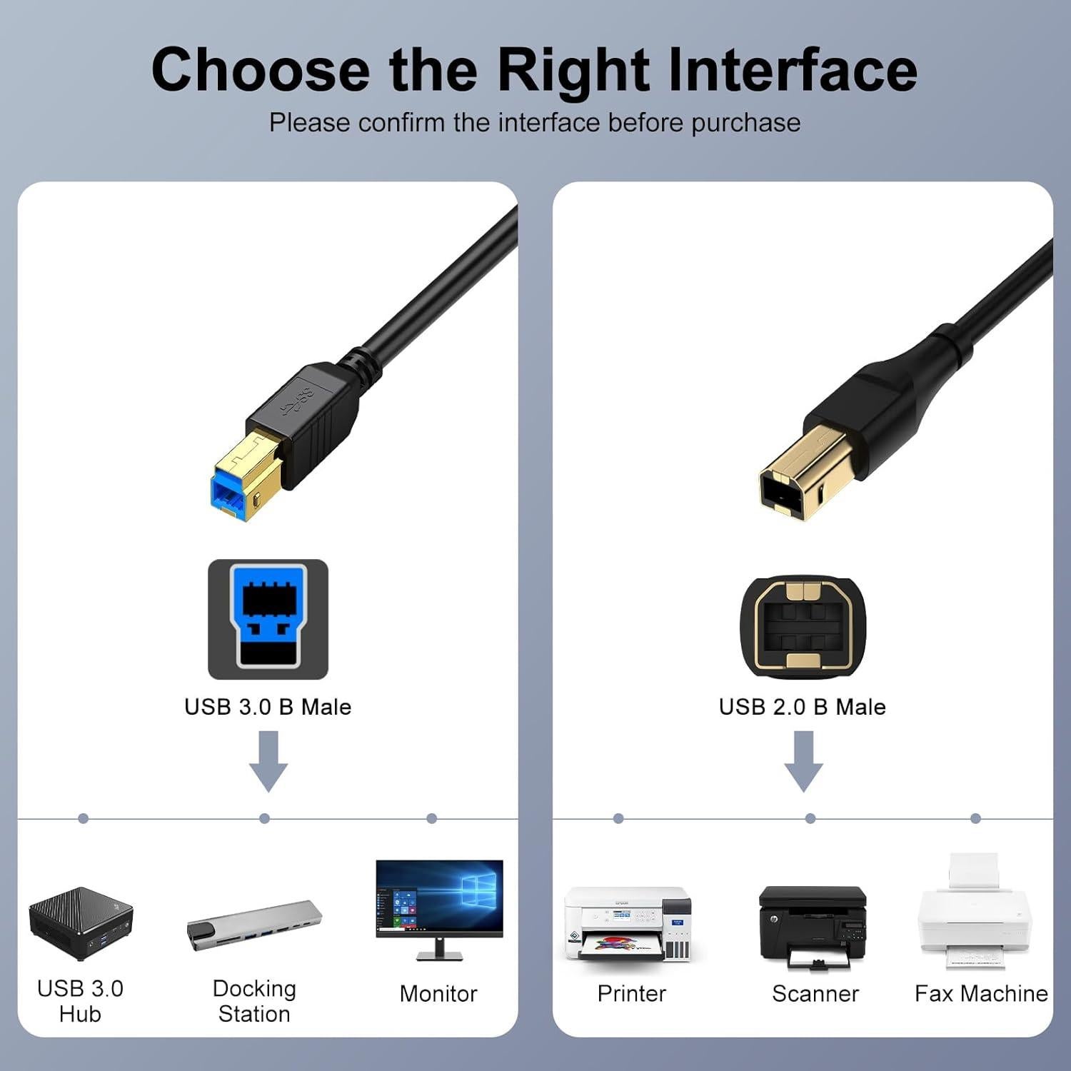 USB Printer Cable 10 Feet USB A to B Printer Cable 2.0 USB B Cable High Speed Scanner Printer Cord for HP, Canon, Brother,Dell, Lexmark, Samsung,Xerox, Piano, MIDI Controller Computer