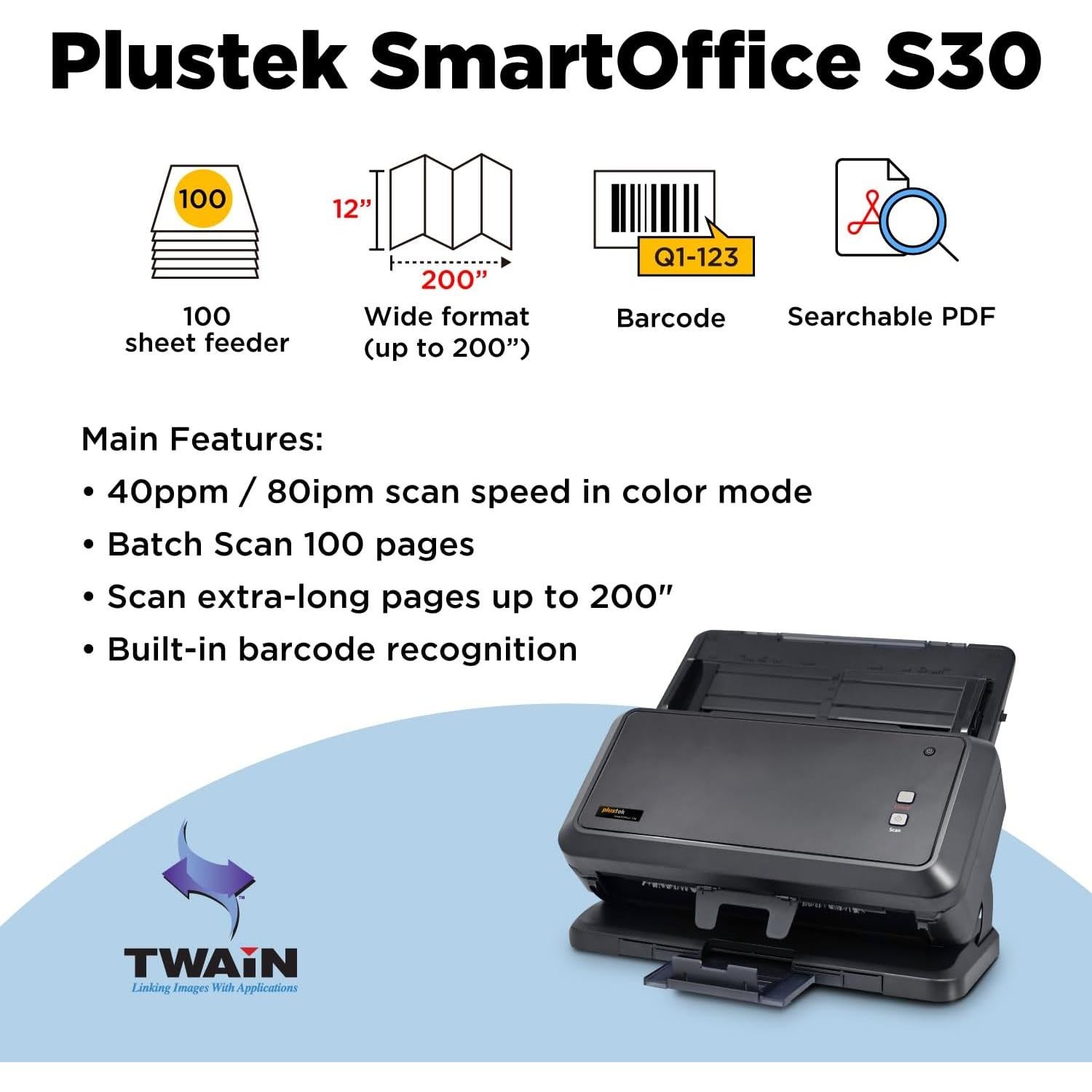 Escáner Dúplex a Color Plustek S30 para Documentos 30.48 cm