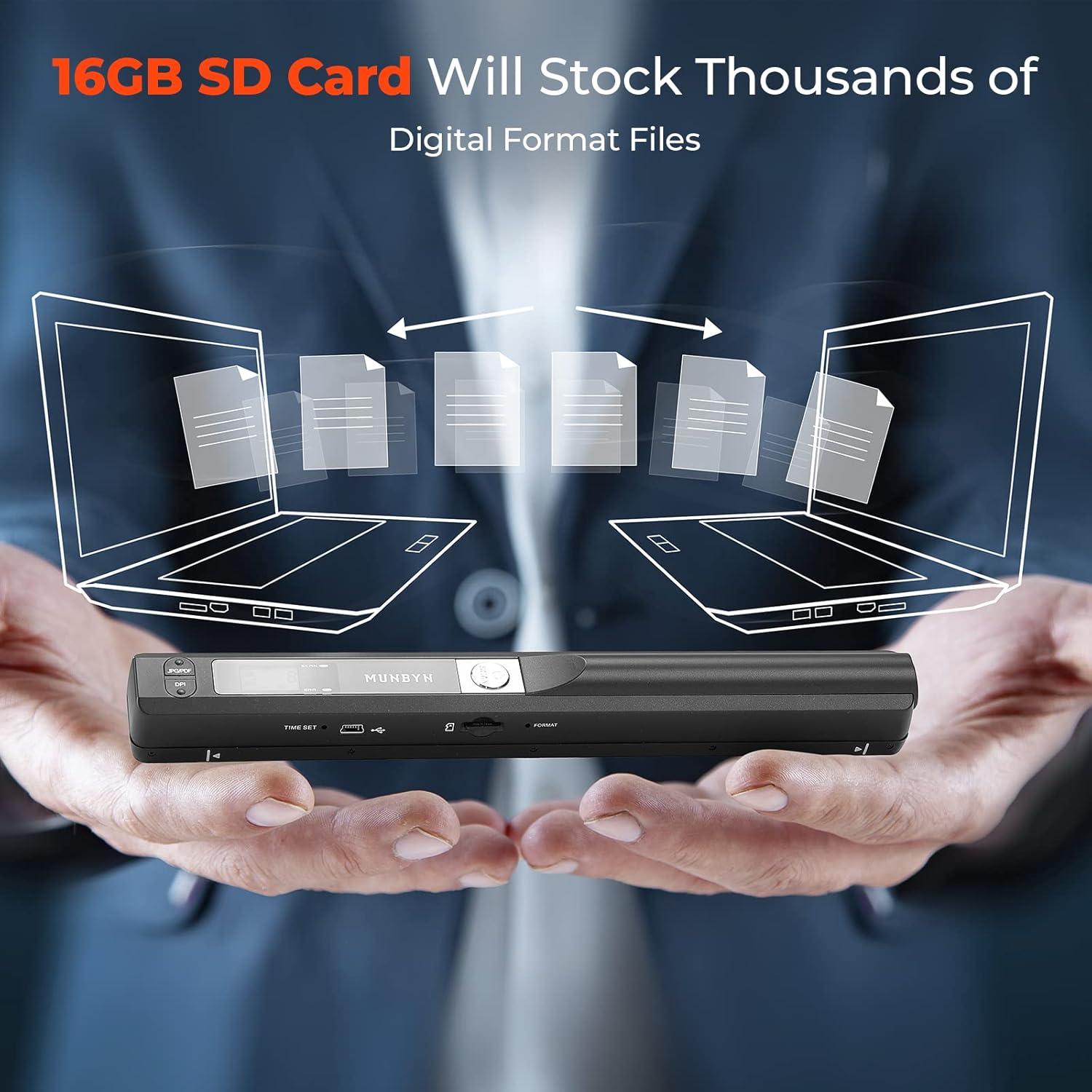 Escáner Portátil MUNBYN A4 900dpi con Tarjeta SD 16G