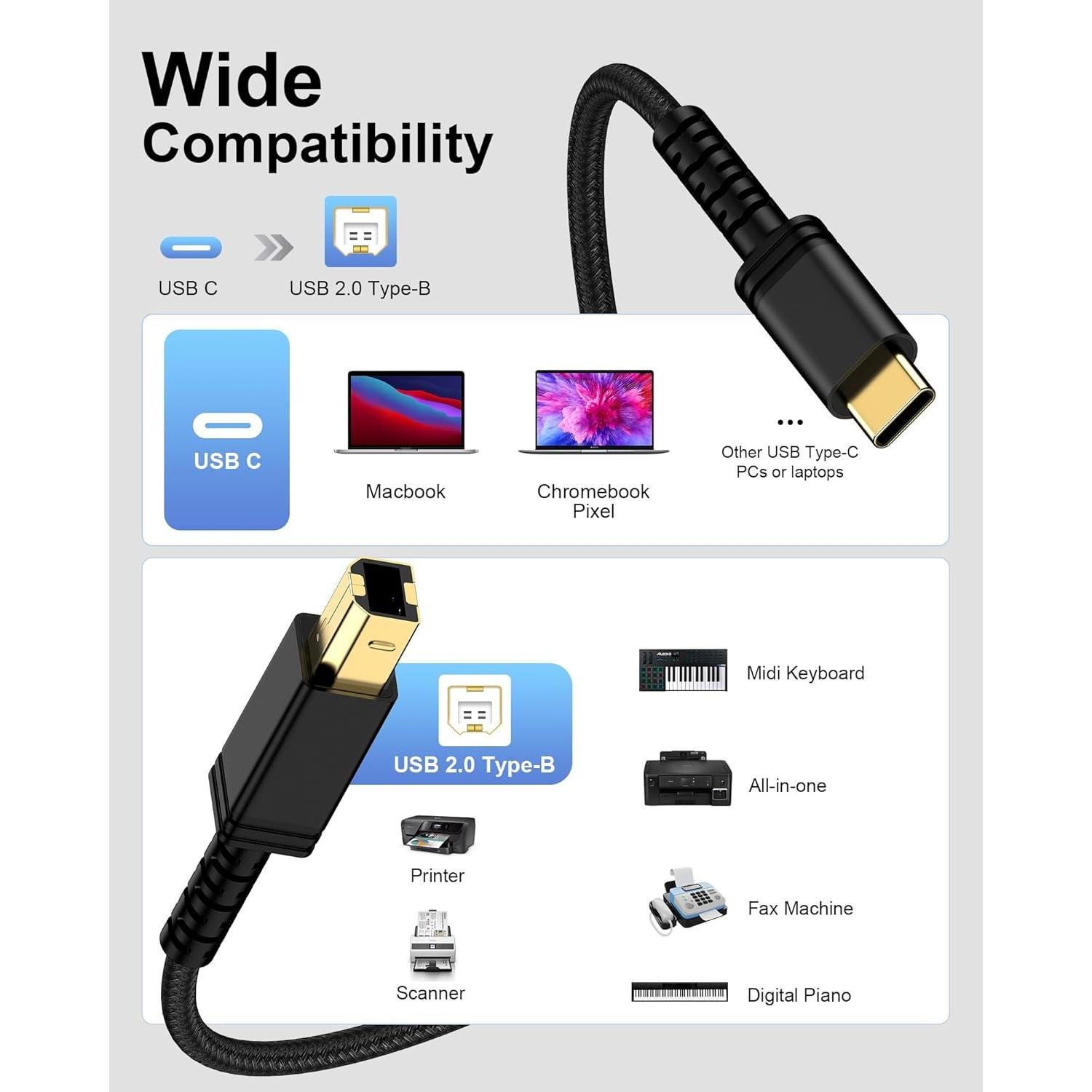 Cable USB B a C 1.83m AILKIN para Impresora y Escáner