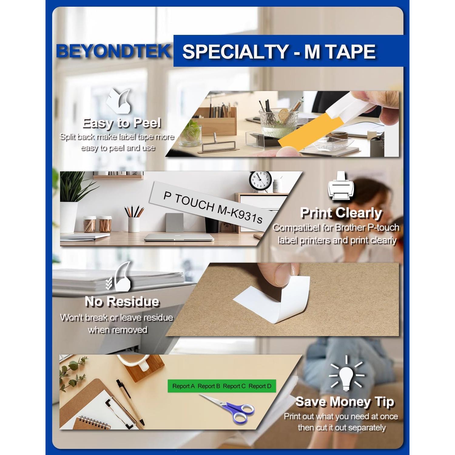 Cinta M 12mm BEYONDTEK para Brother P-Touch 8m Colores