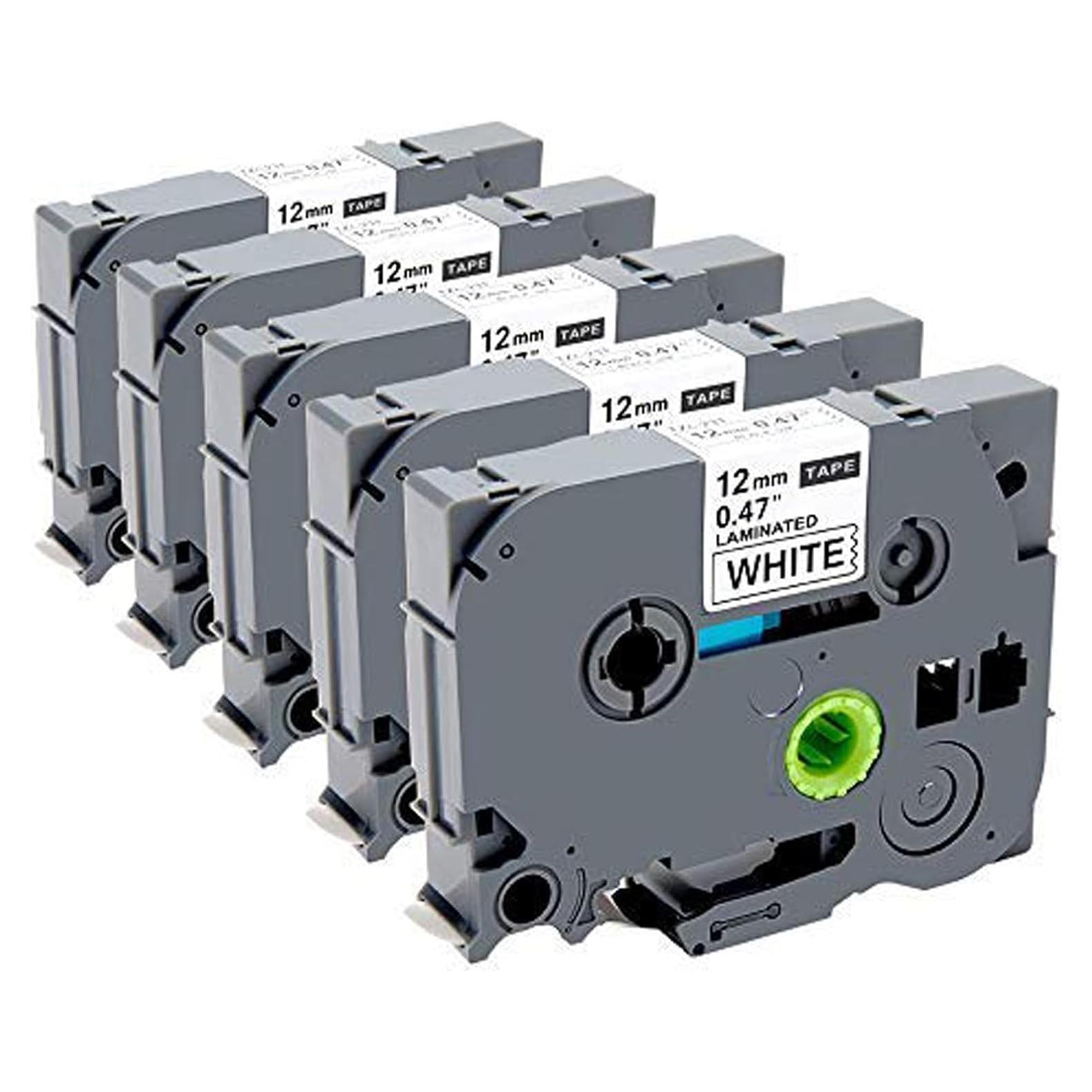 Cinta de Etiqueta Laminada Zencoma TZ 12mm Negra sobre Blanco - Paquete de 5