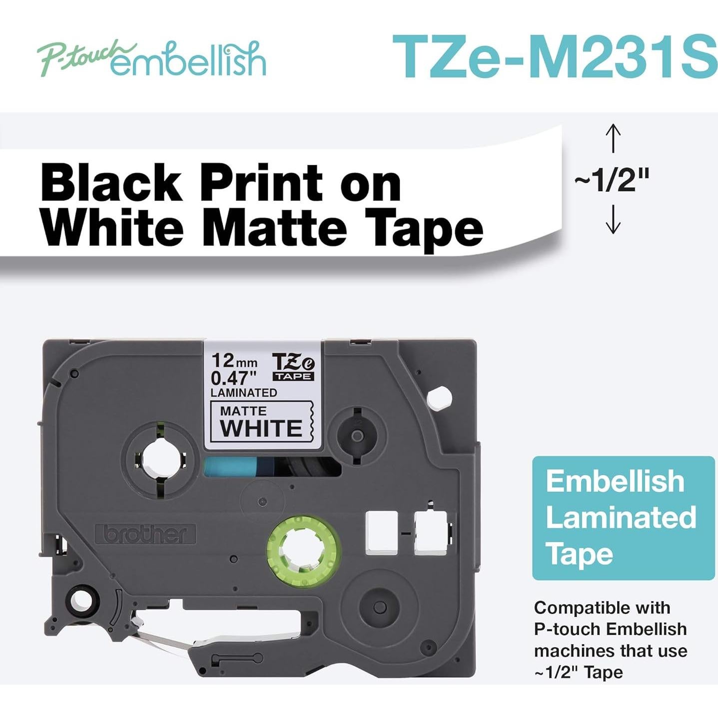 Cinta Blanca Mate con Impresión Negra Brother TZEM231S 12mm