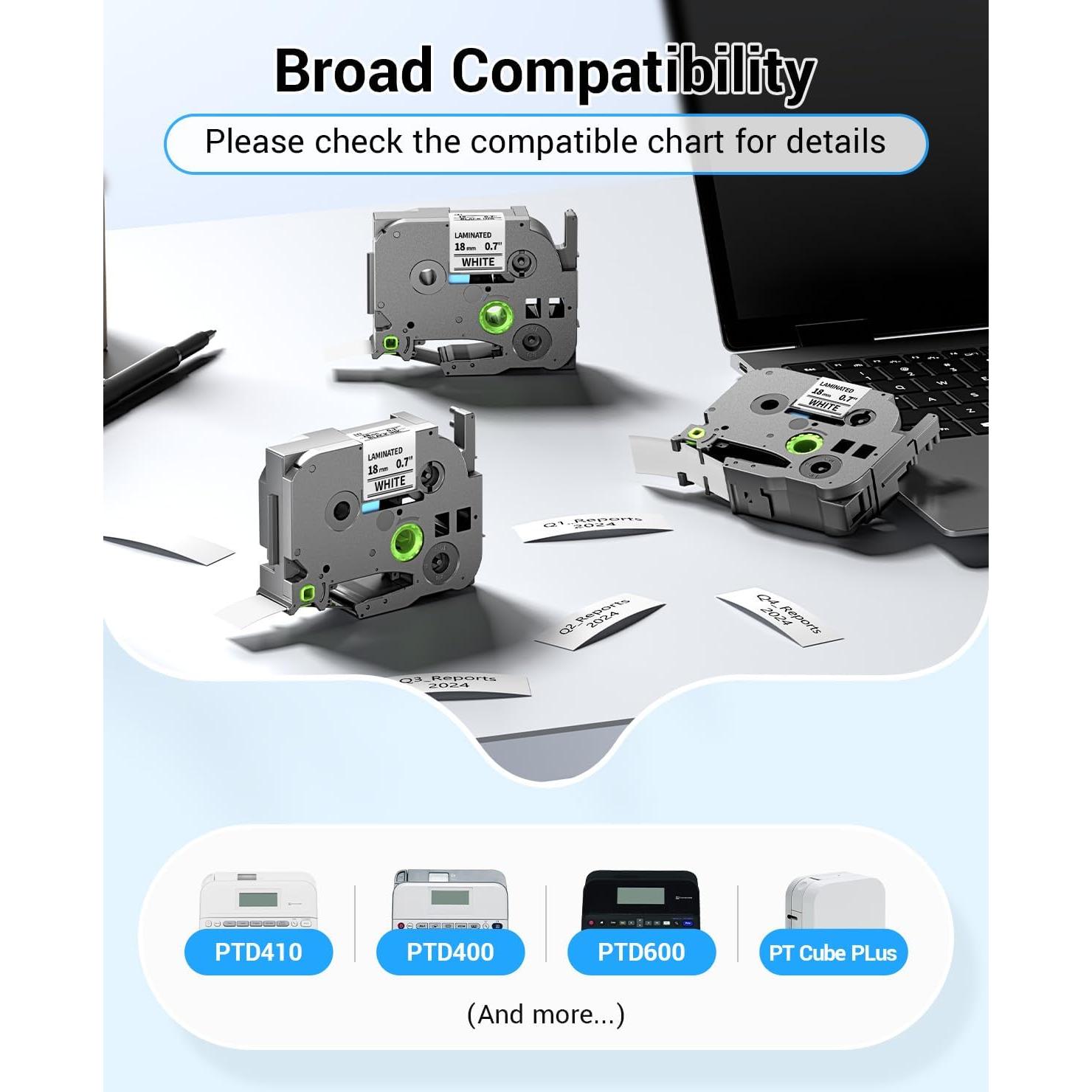 Cinta Laminada 18mm Macipa TZe-241 Negro sobre Blanco 6 Unidades