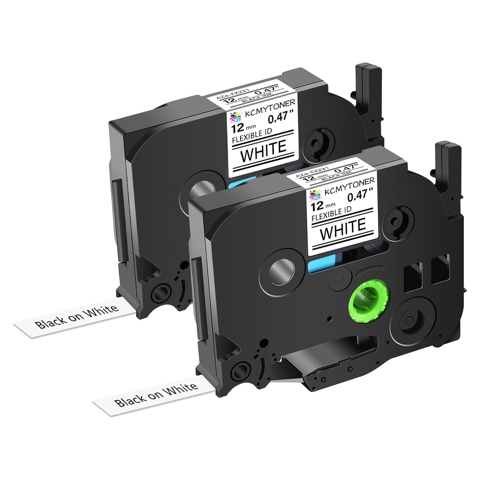 Paquete de 2 Cintas de Etiqueta KCMYTONER TZe-FX231 12mm Negro sobre Blanco