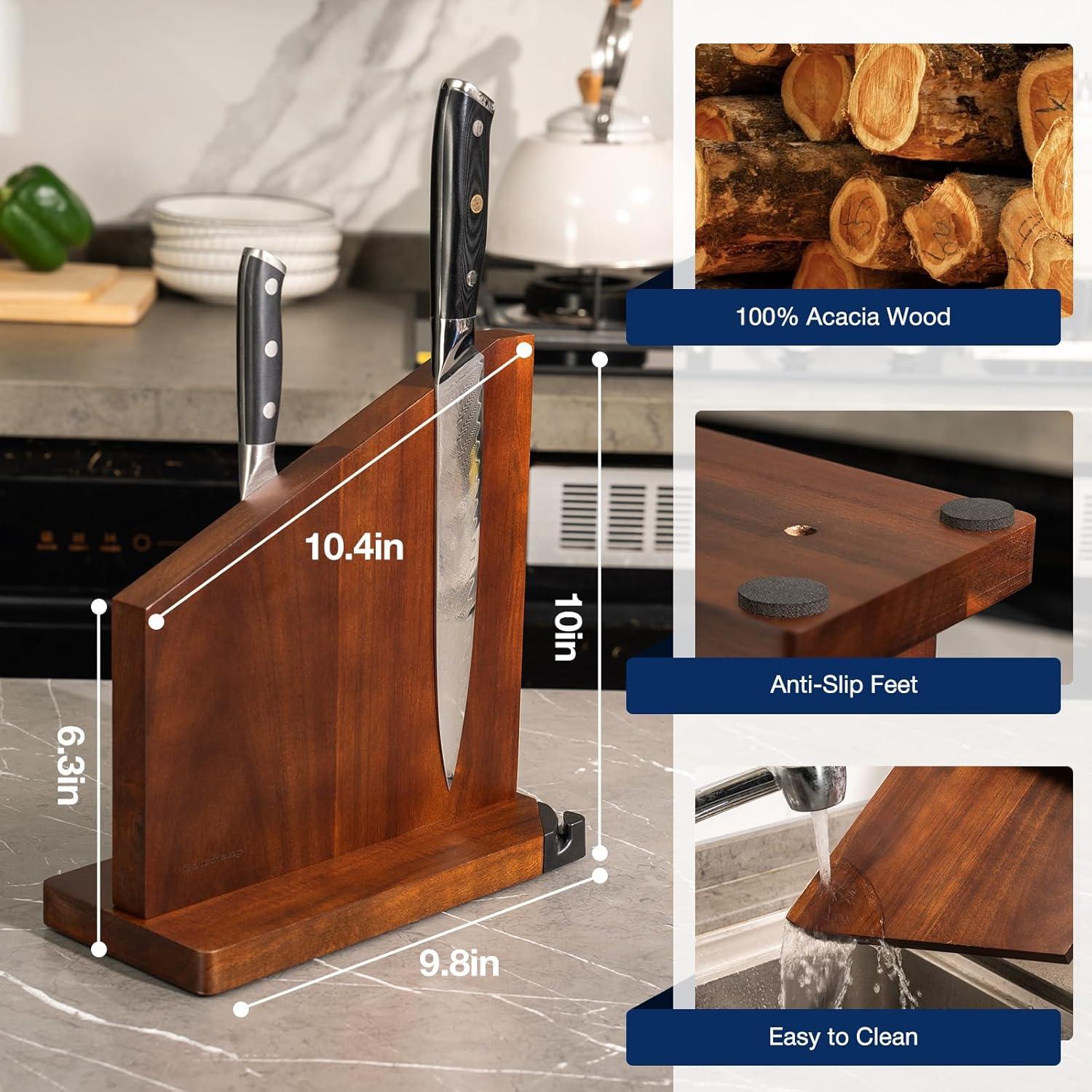 Soporte Magnético para Cuchillos Gourmetop con Afilador - Madera de Acacia