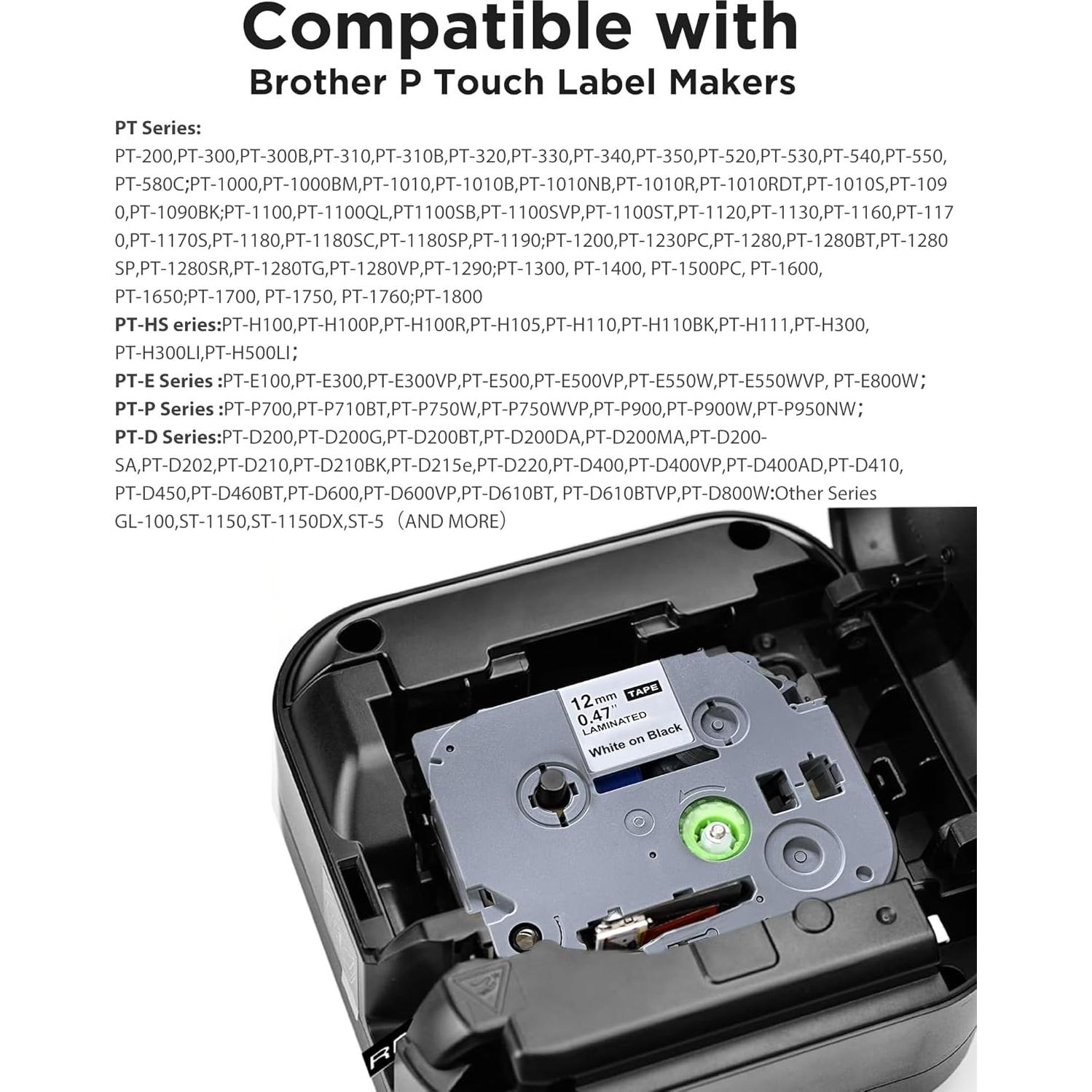 Paquete de 6 cintas de etiquetas TZe-335 Brother 12mm blancas/negro