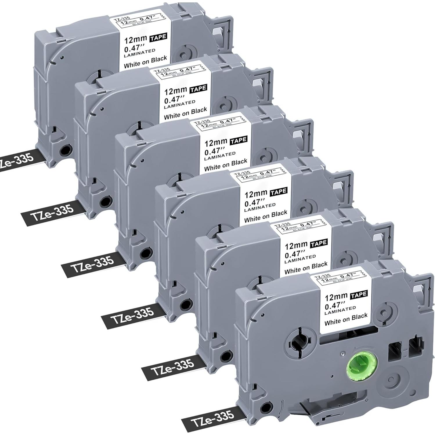 Paquete de 6 cintas de etiquetas TZe-335 Brother 12mm blancas/negro