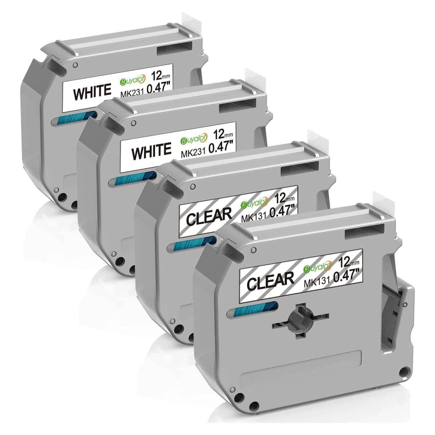 Cinta de Etiqueta Buyalot 12mm Negro sobre Blanco y Transparente - Paquete de 4