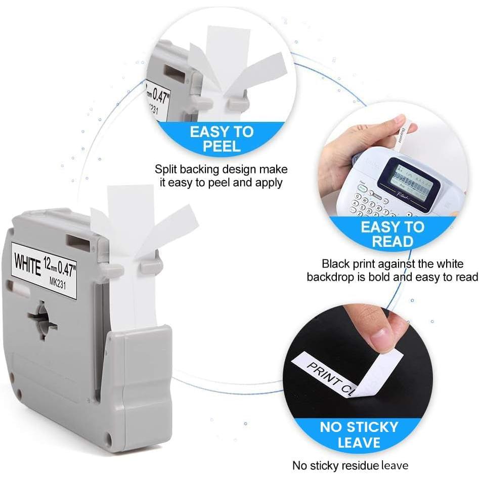 Cinta de Etiqueta Buyalot 12mm Negro sobre Blanco y Transparente - Paquete de 4