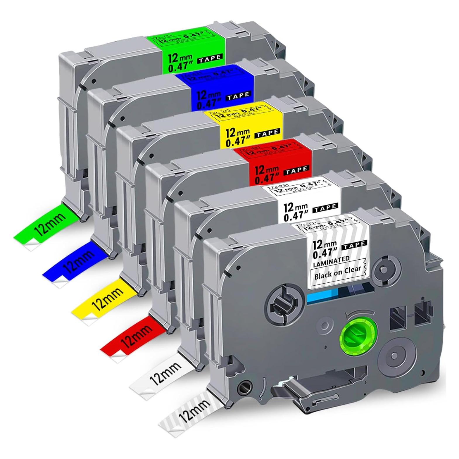 Paquete de 6 Cintas de Etiquetas HEWIN TZe 12mm Multicolor