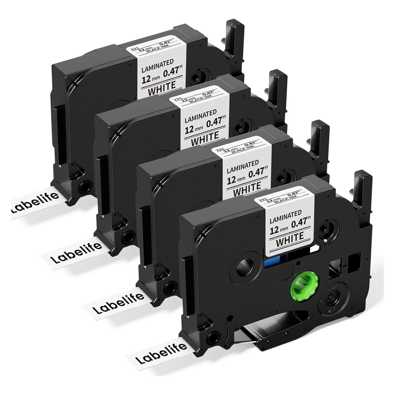 Cinta de Etiqueta Laminada 12mm Labelife TZe231 Negra Blanca 4-Pack
