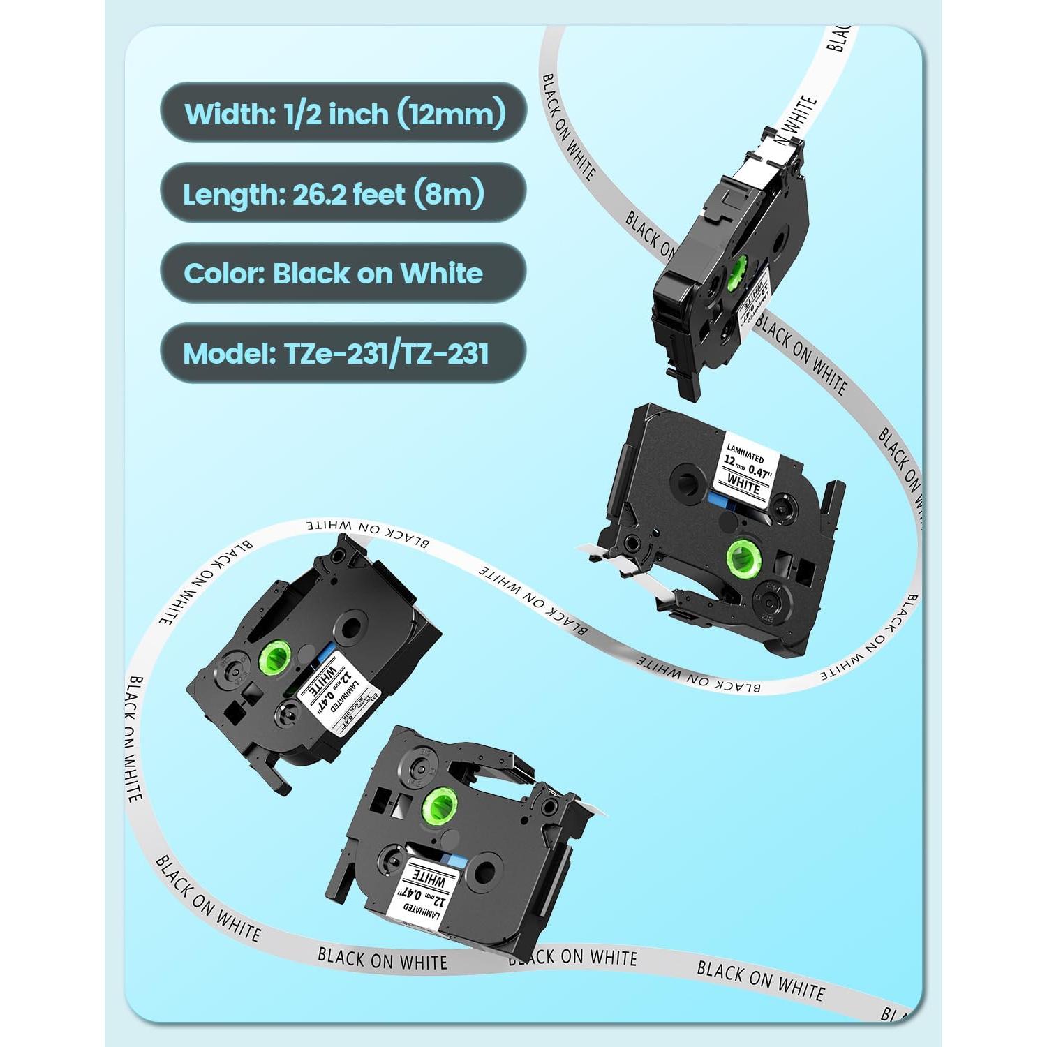 Cinta de Etiqueta Laminada 12mm Labelife TZe231 Negra Blanca 4-Pack