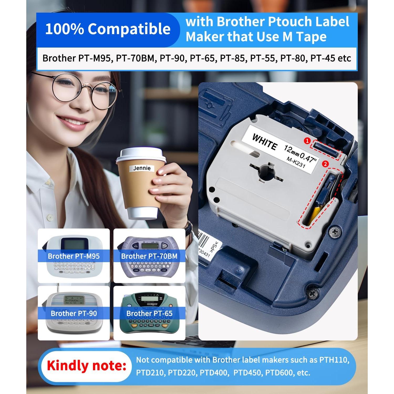 Cinta de Etiqueta Freshworld M-K231 12mm Negro sobre Blanco 5 Pack