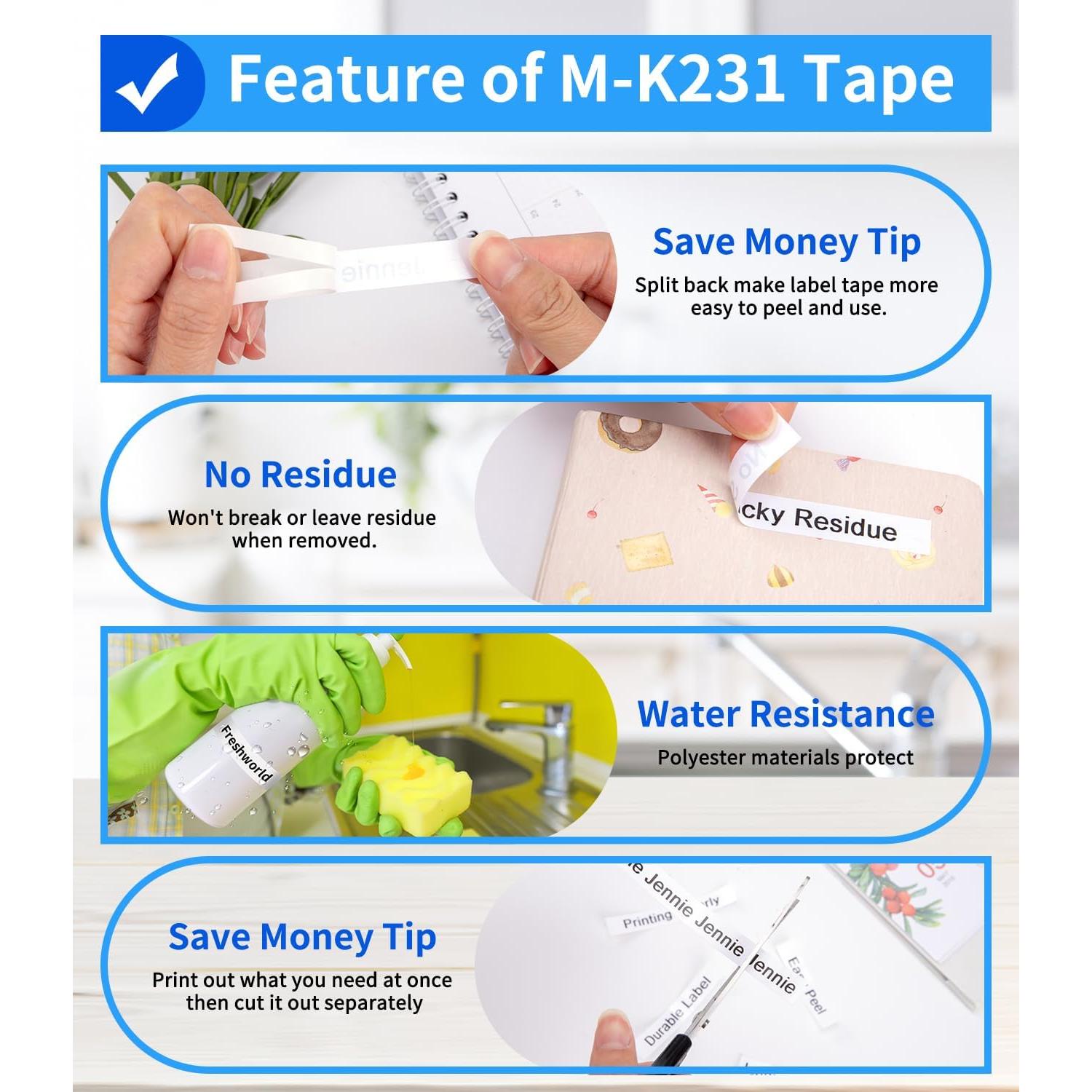 Cinta de Etiqueta Freshworld M-K231 12mm Negro sobre Blanco 5 Pack