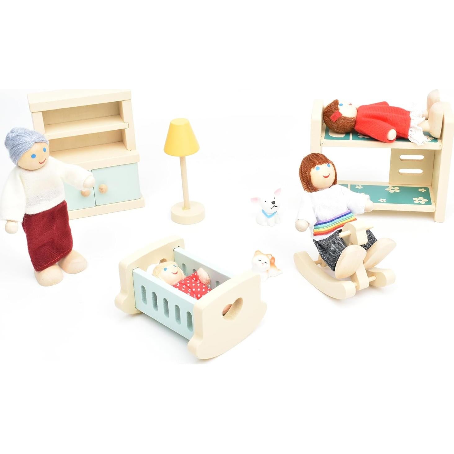 Casa de Muñecas de Madera Jzszera con 7 Figuras y 2 Mascotas