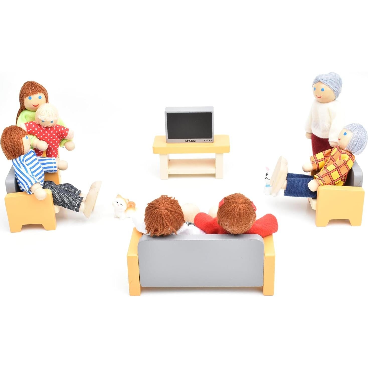 Casa de Muñecas de Madera Jzszera con 7 Figuras y 2 Mascotas