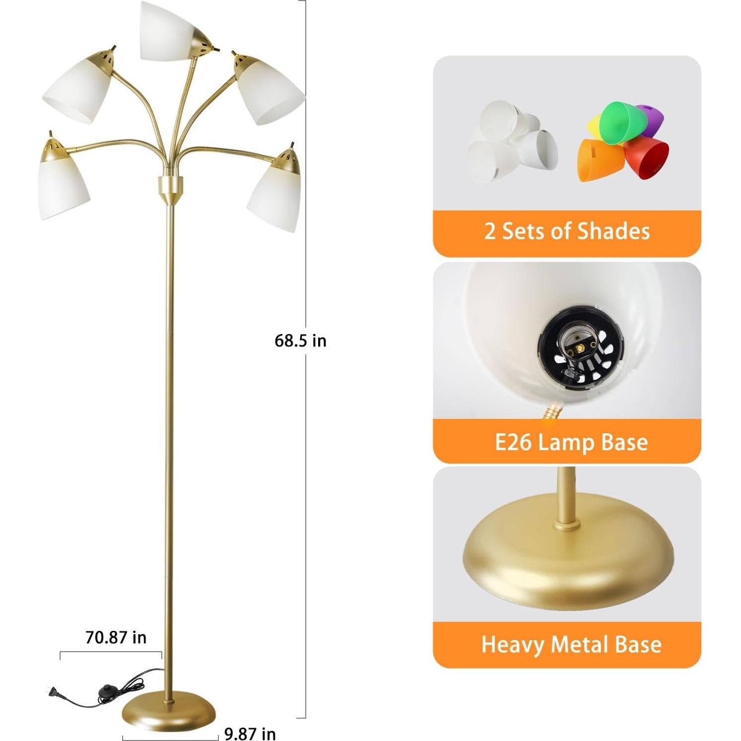 Lámpara de Pie DINGLILIGHTING 5 Luces Dorada Ajustable