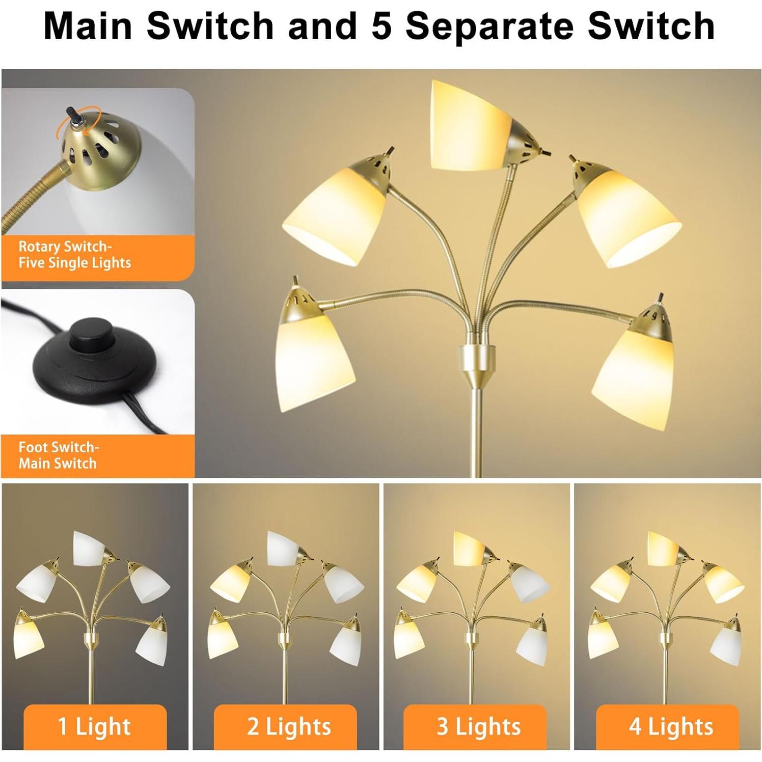 Lámpara de Pie DINGLILIGHTING 5 Luces Dorada Ajustable