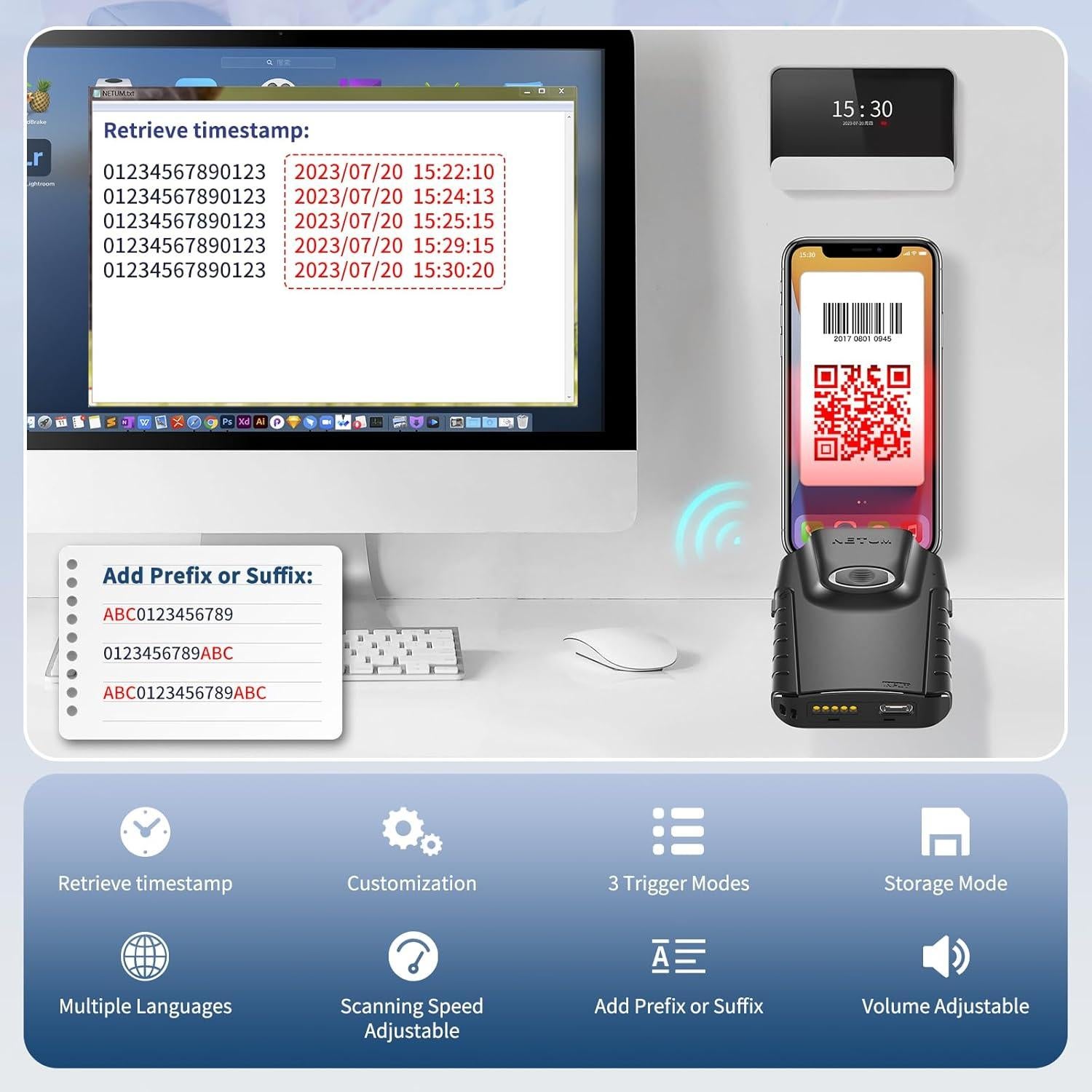 Escáner de Código de Barras Bluetooth NETUM E800 2D Inalámbrico