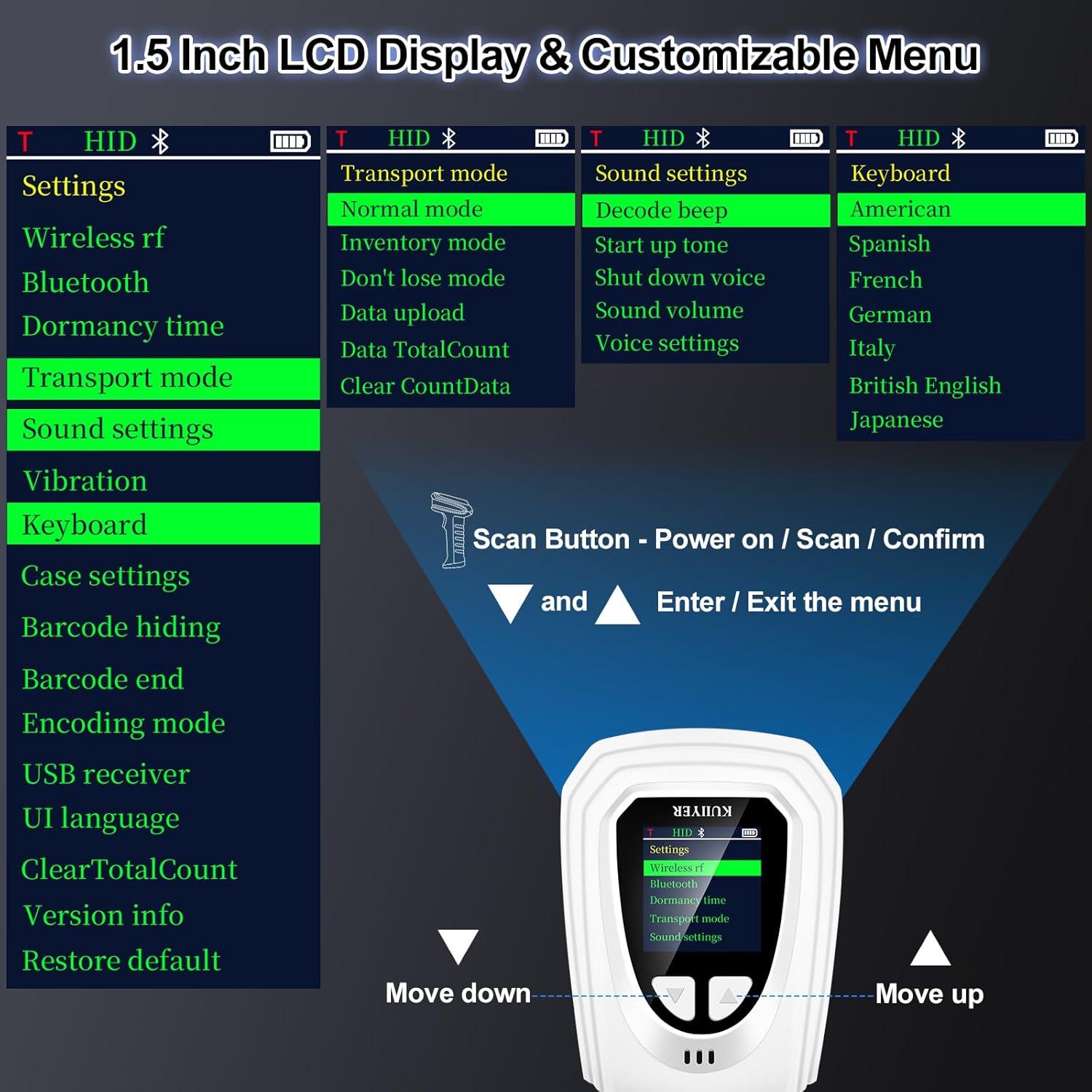 Escáner de Códigos de Barras KUIIYER Bluetooth 2D con Pantalla LCD